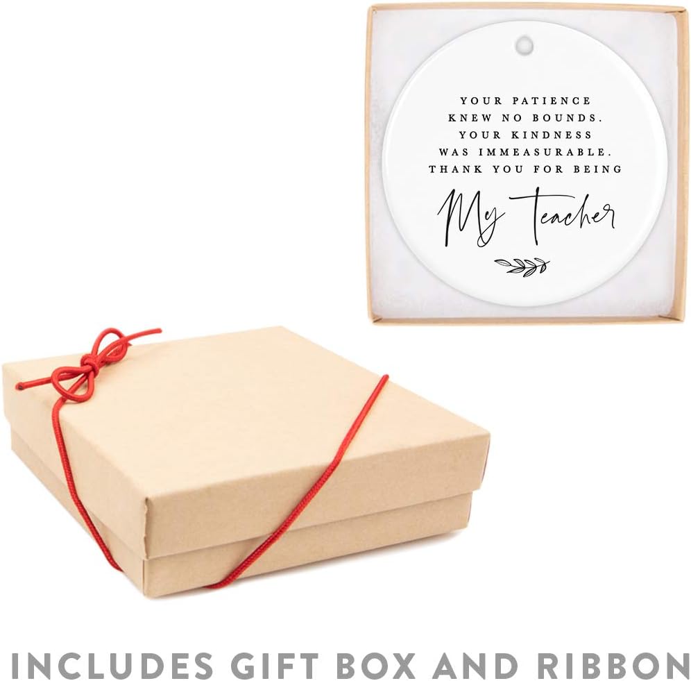 Andaz Press Round Ceramic Porcelain Christmas Tree Ornament for Teacher Thank You Appreciation Graduation Gift, Your Patience Knew No Bounds. Thank You for Being My Teacher, 1-Pack