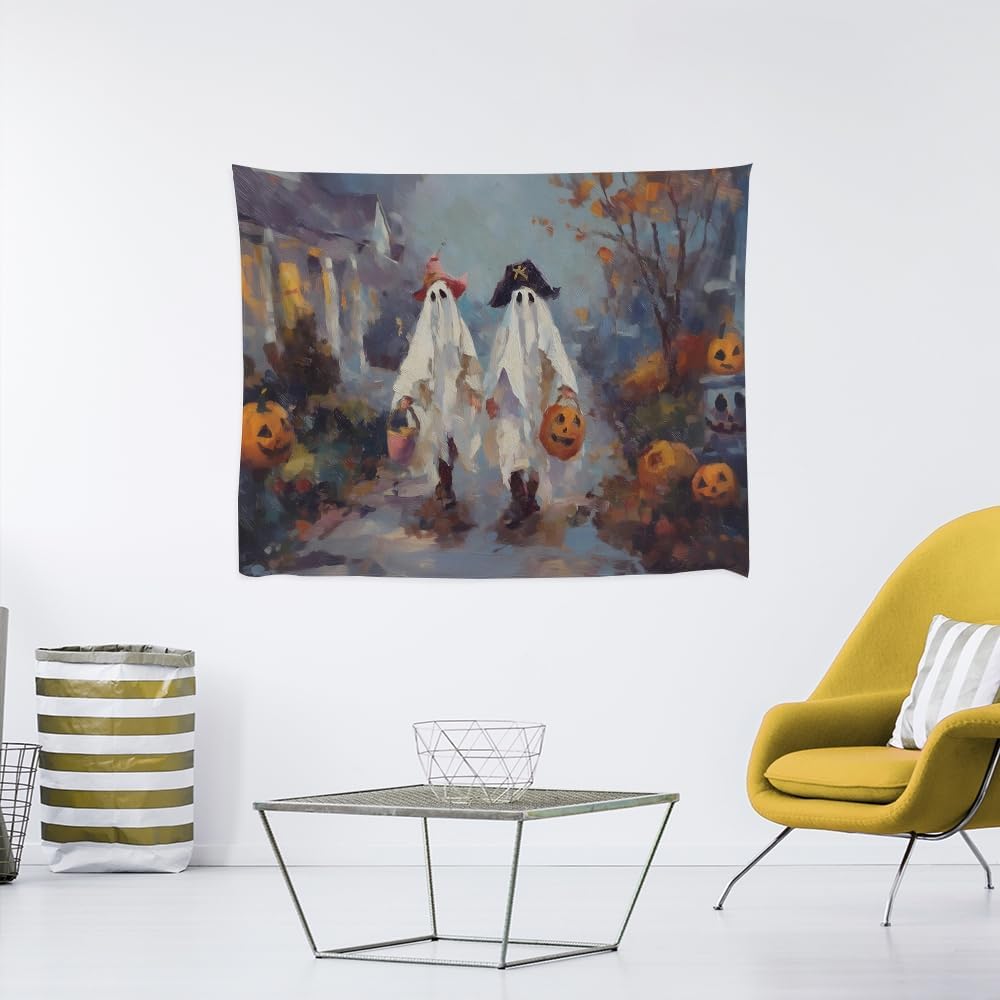 Funny Halloween Ghost Tapestry Wall Hanging Cute Kids Nursery Room Decor Trick or Treat Art Print Goth Fall Pumpkin Ghost Tapestries for Living Room Bedroom wall Decor 30x40inch