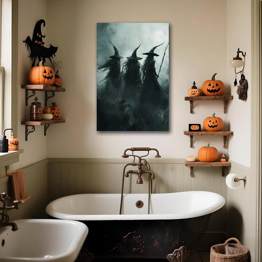 Gothic Witchs Horror Halloween Wall Art,Three Witches in Moody Forest Painting Wall Decor,Autumn Spooky Witches Forest Canvas Printing For Gallery Living Room Bedroom,16"x24" Unframed