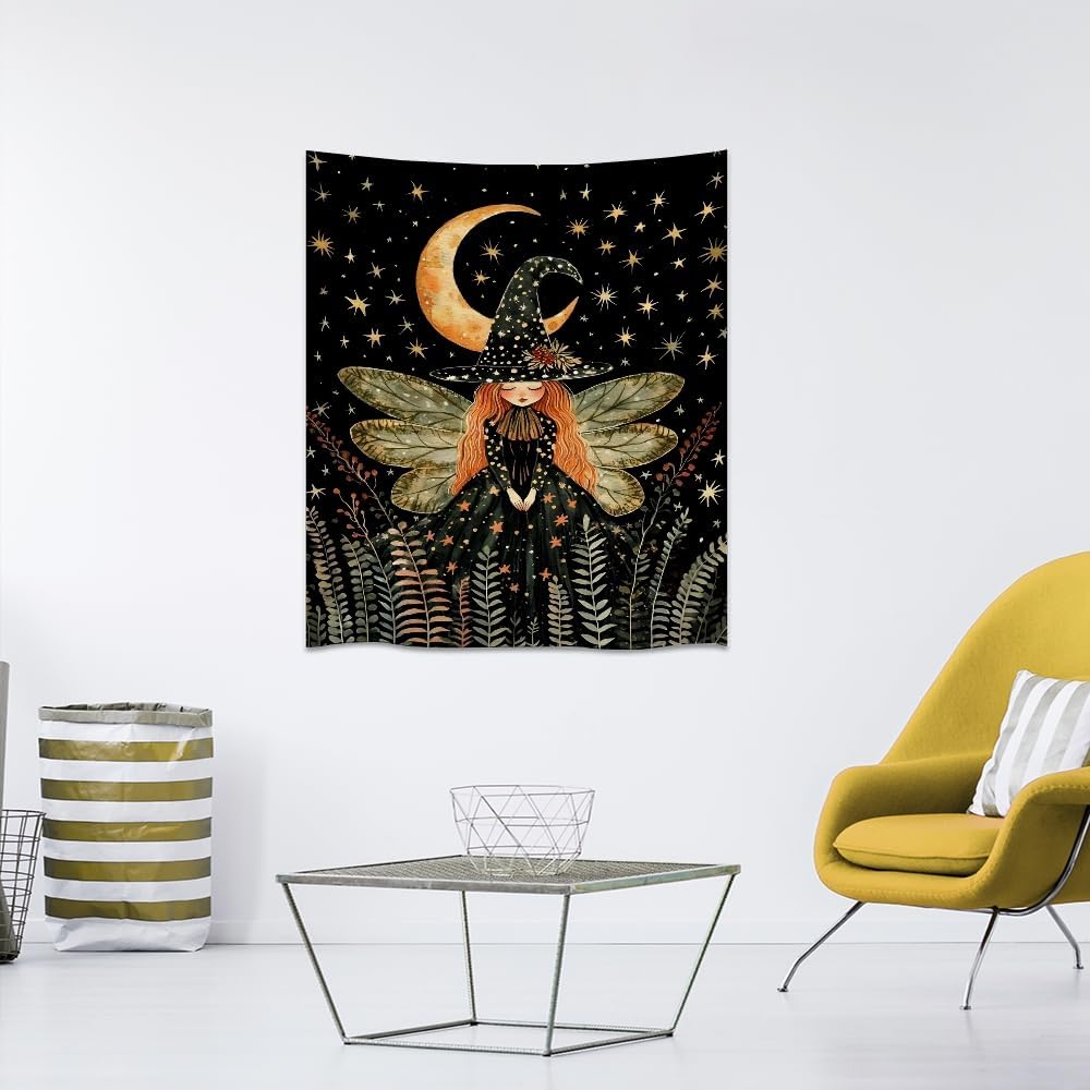 Dark Academia Witch Fairy Tapestry Wall Hanging Magical Moon Starry Night Art Print Halloween Witchy Artwork Aesthetic Wall Tapestries for Girls Bedroom Living Room Dorm Decoration 30x40inch