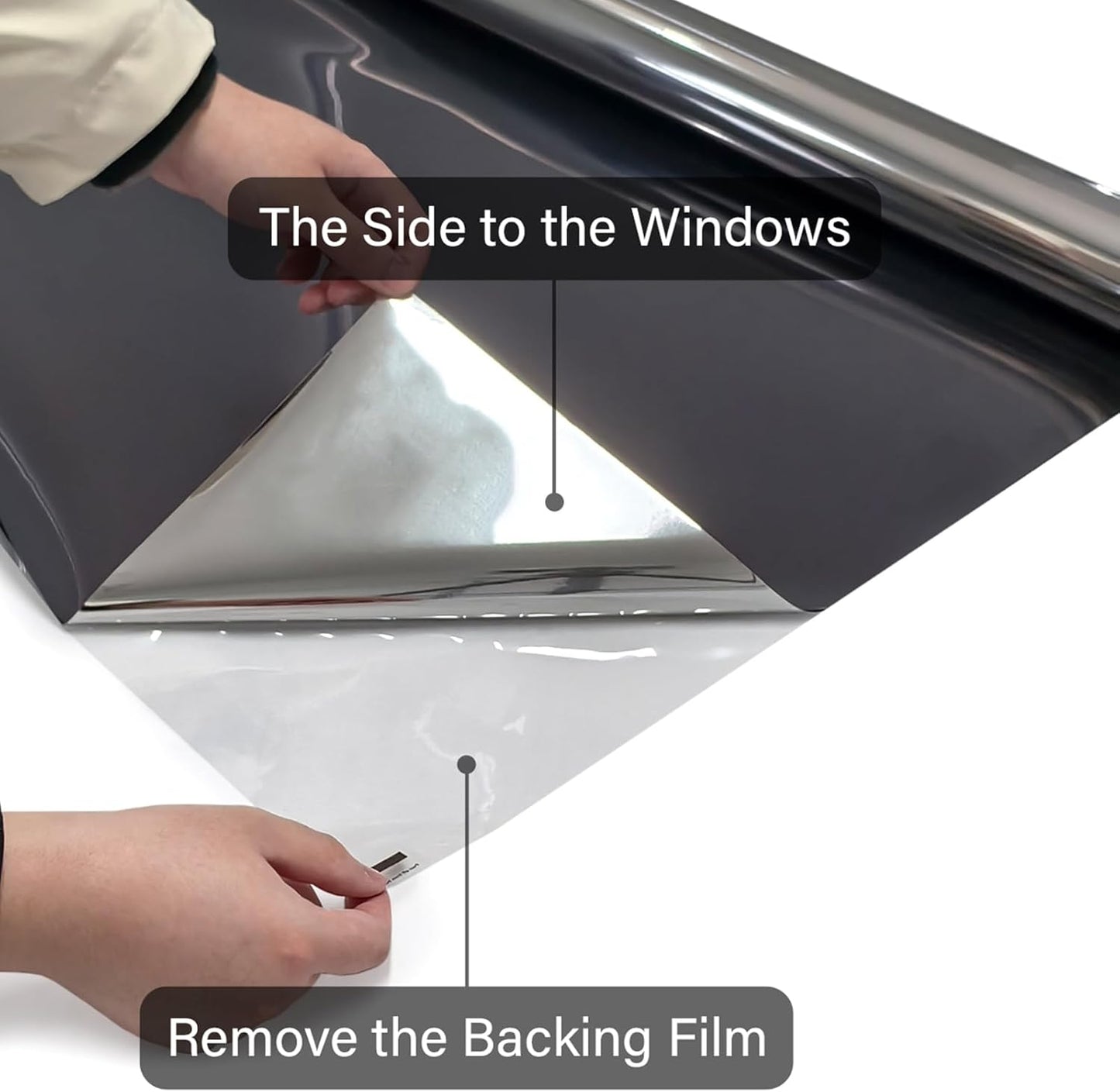 Kromapolis One Way Window Privacy Film Reflective Mirror Home Window Tint, Daytime Privacy Heat Control Anti UV Glass Tinting Static Cling (Black-Silver, 35.4 x 78.7 inch)