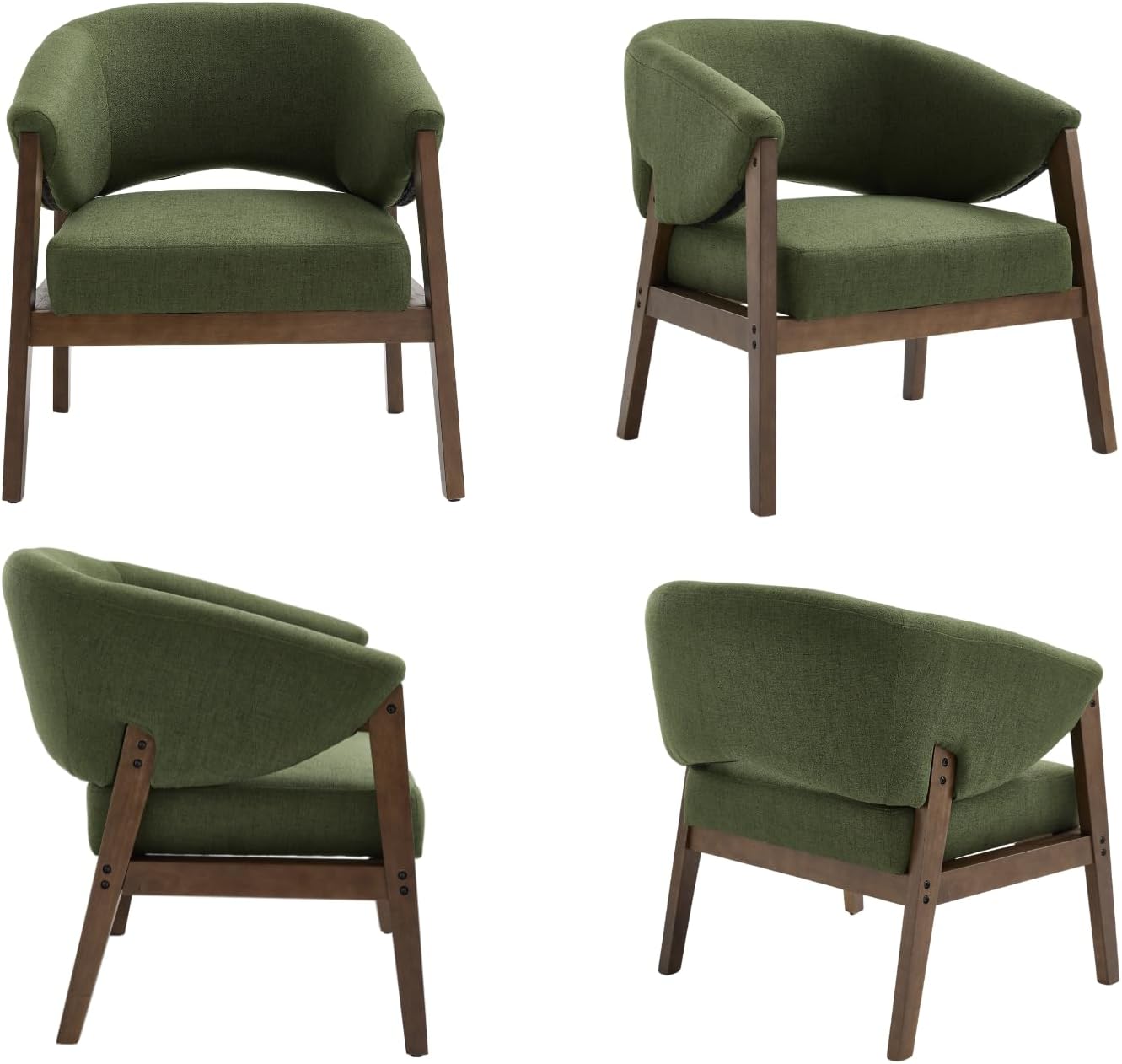 Mid-Century Modern Accent Chairs Set of 2, Comfy Barrel Armchairs with Wide Seat, Upholstered Lounge Chairs with Walnut Wood Legs for Living Room/Bedroom/Reading Corner, Linen Fabric, Deep Green