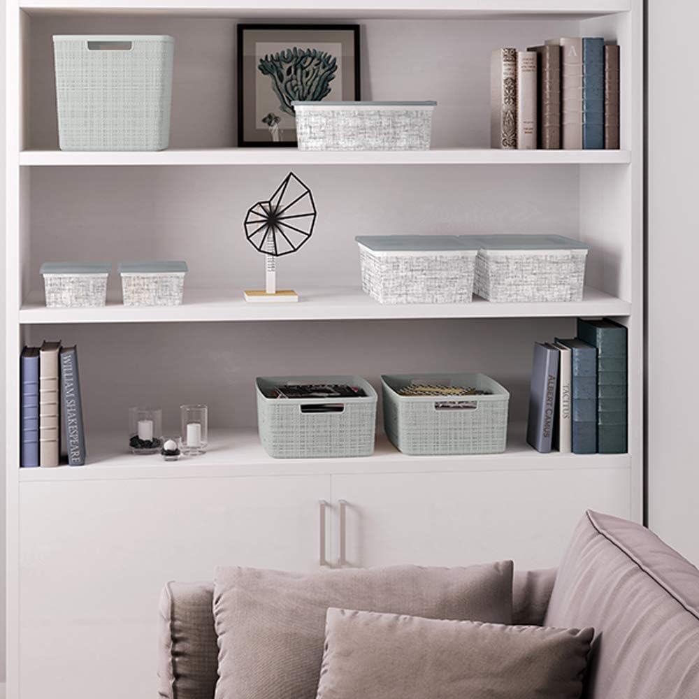 Curver Jute Decorative Plastic Organization and Storage Basket Perfect Bins for Home Office, Closet Shelves, Kitchen Pantry and All Bedroom Essentials, (Set of 6), Grey, Medium