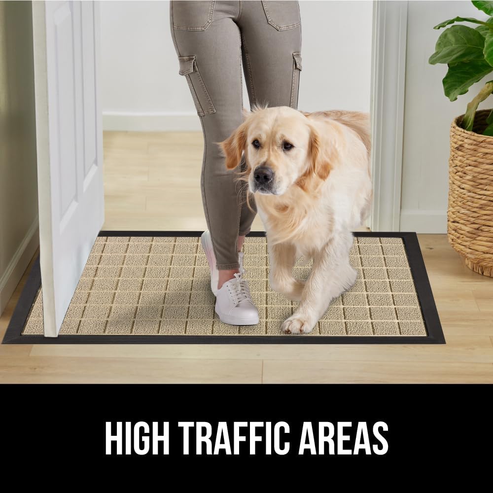 GORILLA GRIP 100% Waterproof All-Season WeatherMax Doormat US Designed Natural Rubber, Stain and Fade Resistant, Low Profile Indoor Outdoor Door Mats, Easy Clean Patio Mat, 23x35, Taupe Grid