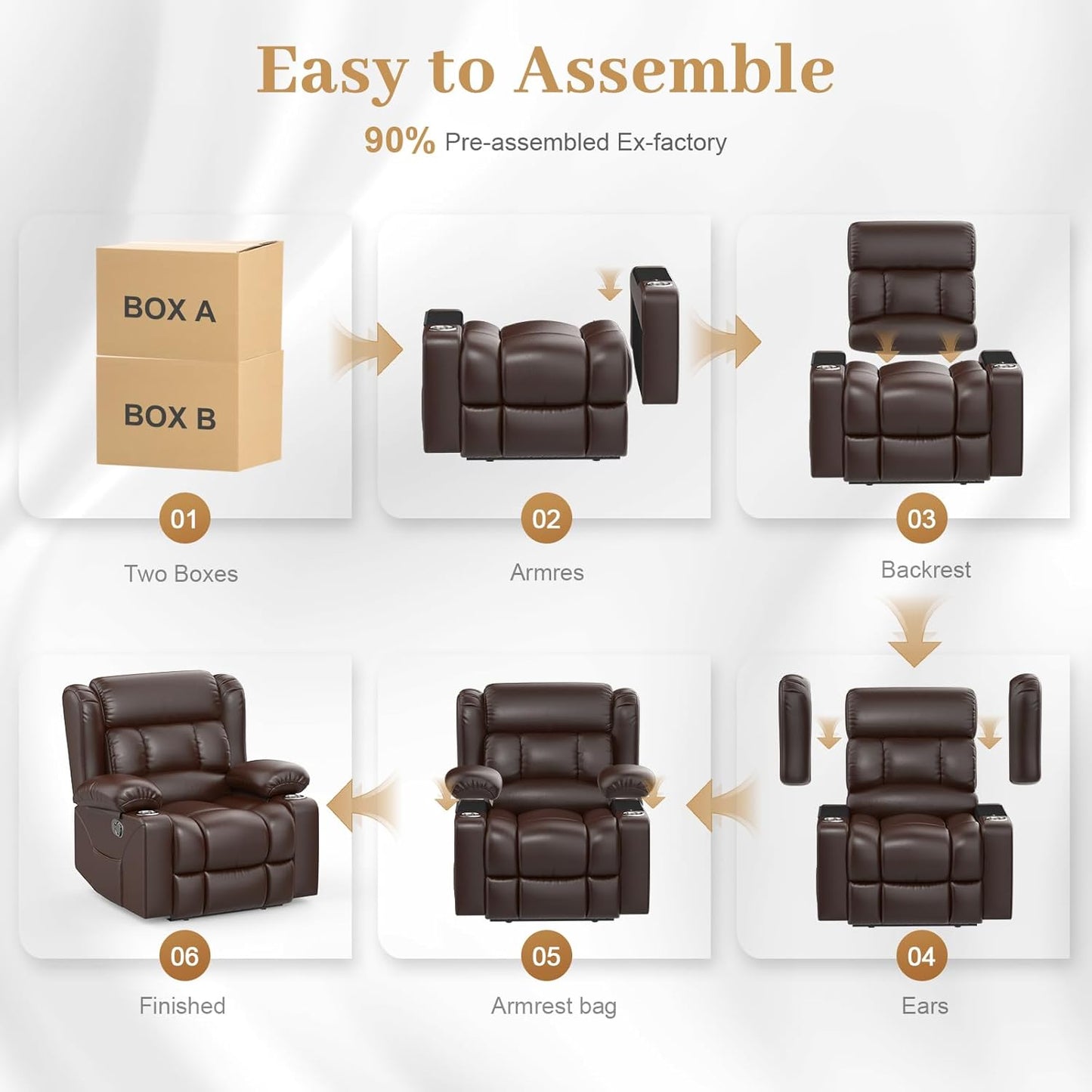 Recliner Chair for Adults, Oversized PU Leather Manual Pull Tab Reclining Chair with Cup Holders, Minimalist Style Single Sofa for Living Room, RV (Brown)