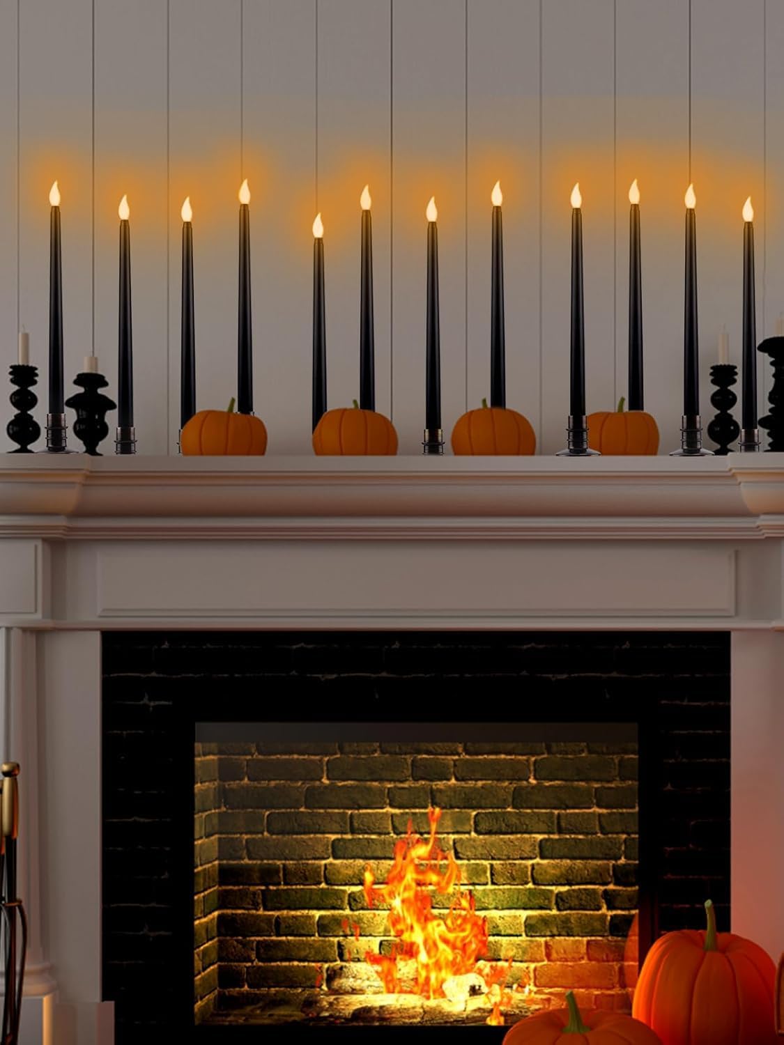 Alphatool 24 Pcs Halloween Black LED Flameless Candles with Bases - Flicker Flame, Tall Taper Smokeless Dripless Candles, Decor for Fireplace Diningtable Bar School