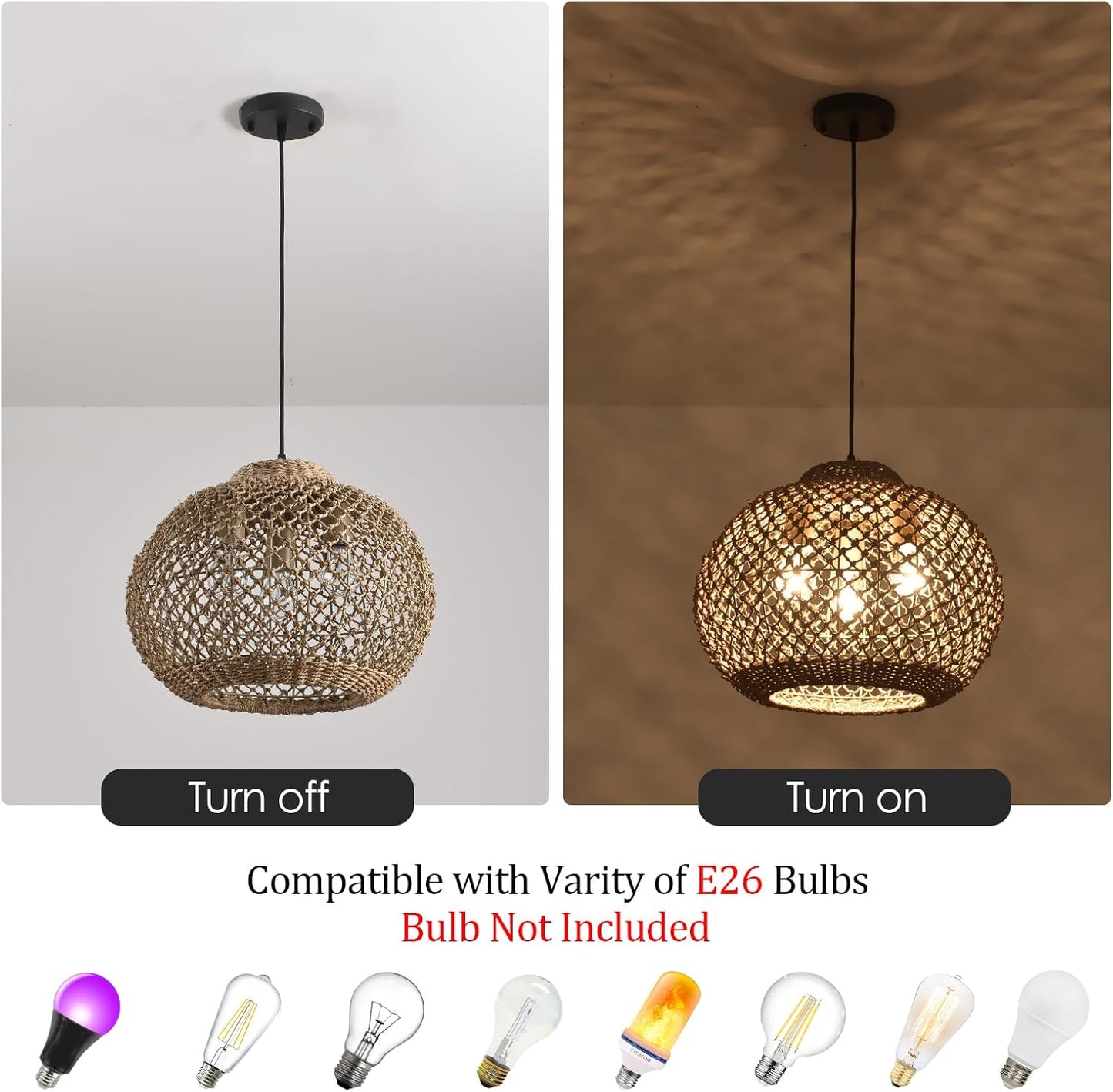 17" Rattan Pendant Light 3-Light Hand Woven Wicker Seagrass Hanging Light Boho Water Plants Rattan Chandelier for Dining Living Bedroom Kitchen Farmhouse