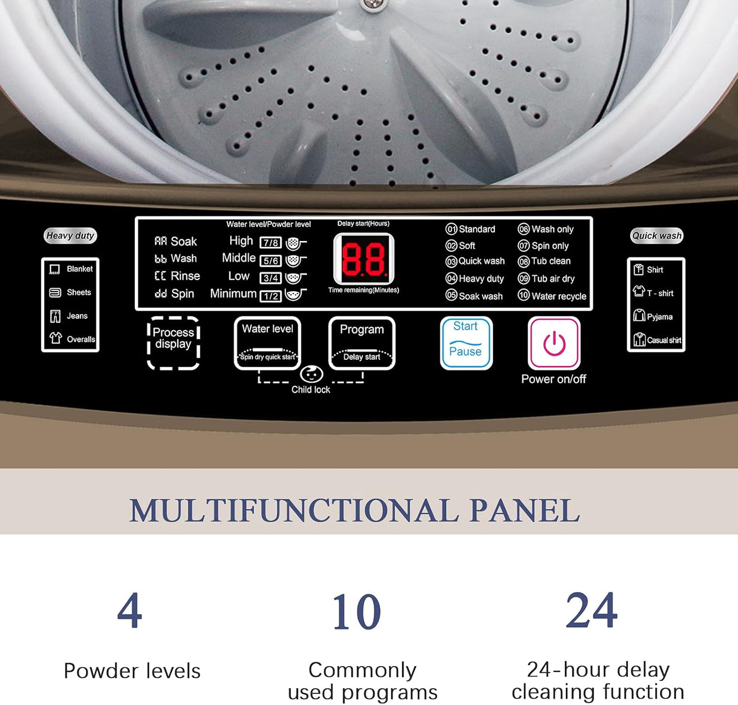 Full Automatic Washing Machine with LED Display, 17.7 lbs Portable Washer Drain Pump, 10 Programs & 8 Water Levels Selections, Ideal for RV, Camping, Apartment, Dorm, Gold