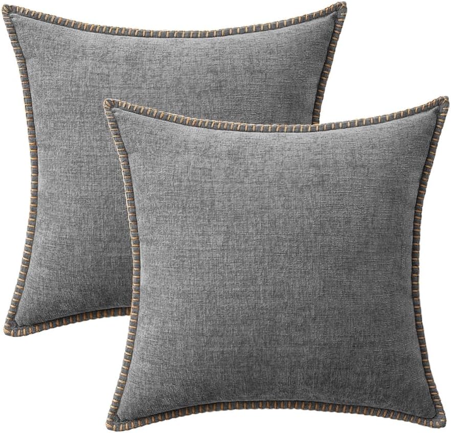MIULEE Pack of 2 Couch Throw Pillow Covers 18x18 Inch Dark Gray Farmhouse Decorative Pillow Covers with Stitched Edge Soft Chenille Solid Dyed Spring Pillow Covers for Sofa Bed Living Room