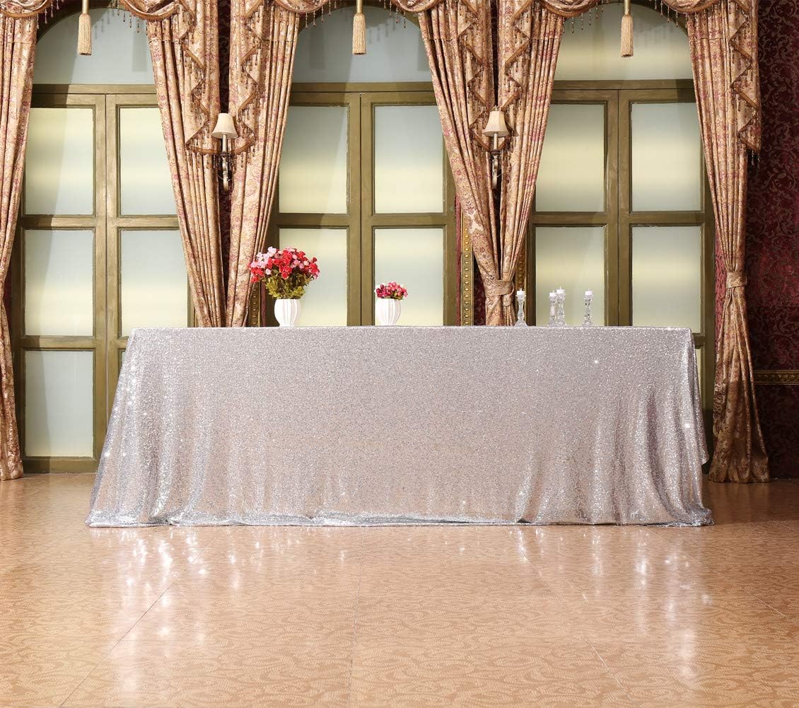 SquarePie Sequin Tablecloth 90 x 156 Inch Silver Sparkly Table Linen for Wedding Party