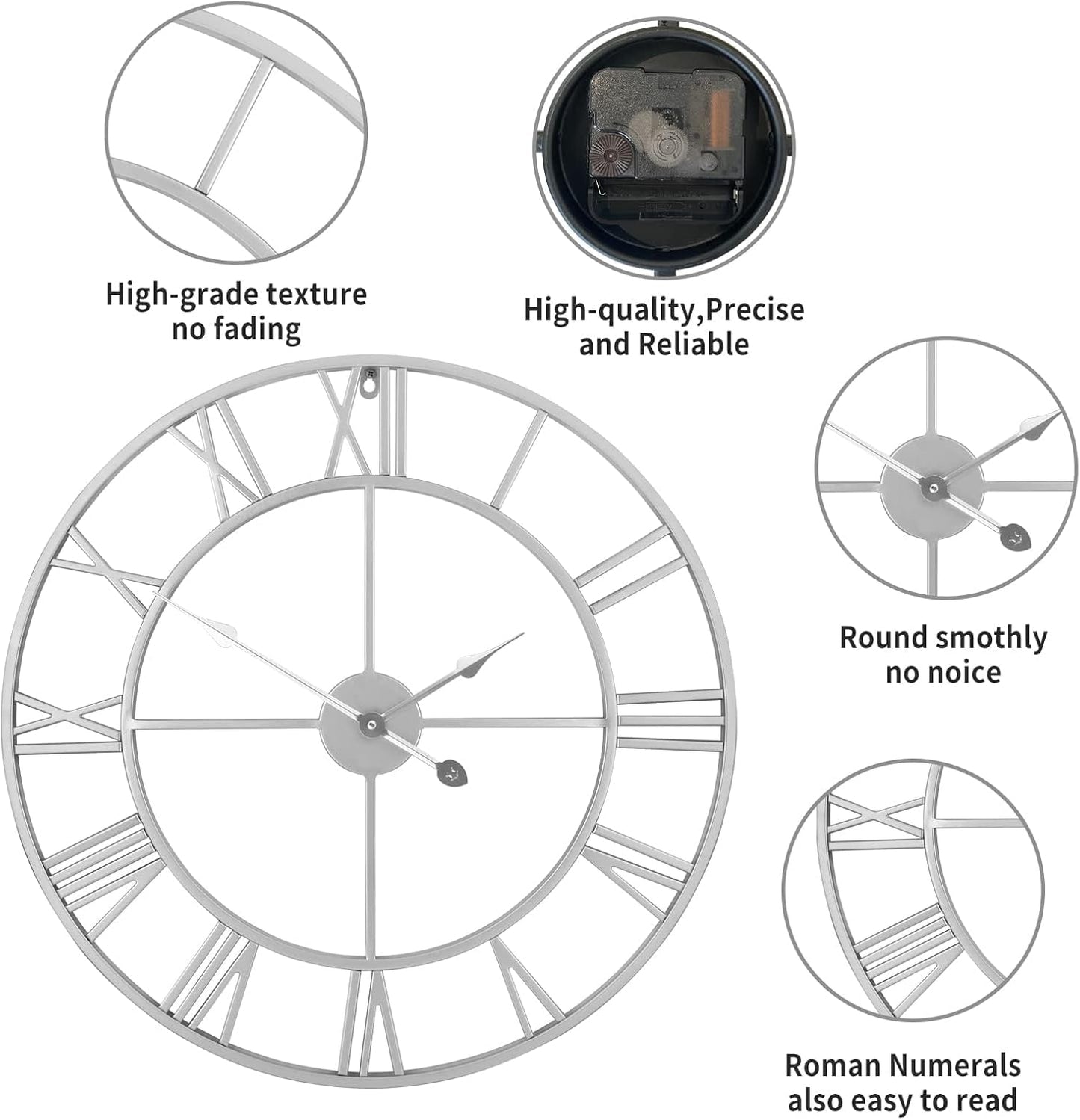 1st owned Large Wall Clock Silent Non-Ticking Roman Numerals Vintage Battery Operated (24 inch,18inch,16inch) Farmhouse Wall Clock for Living Room, Bedroom, Kitchen, Cafe Decor-Silver 40CM