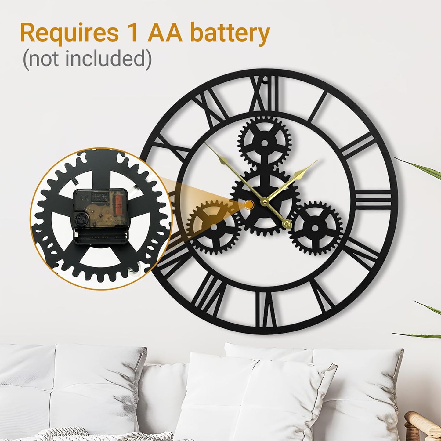 20inchesWall Clocks for Living Room Deco Metal Non Ticking Silent Battery Operated Roman Numeral Oversized Gear Wall Clocks for Bedroom Kitchen Fireplace Office Farmhouse