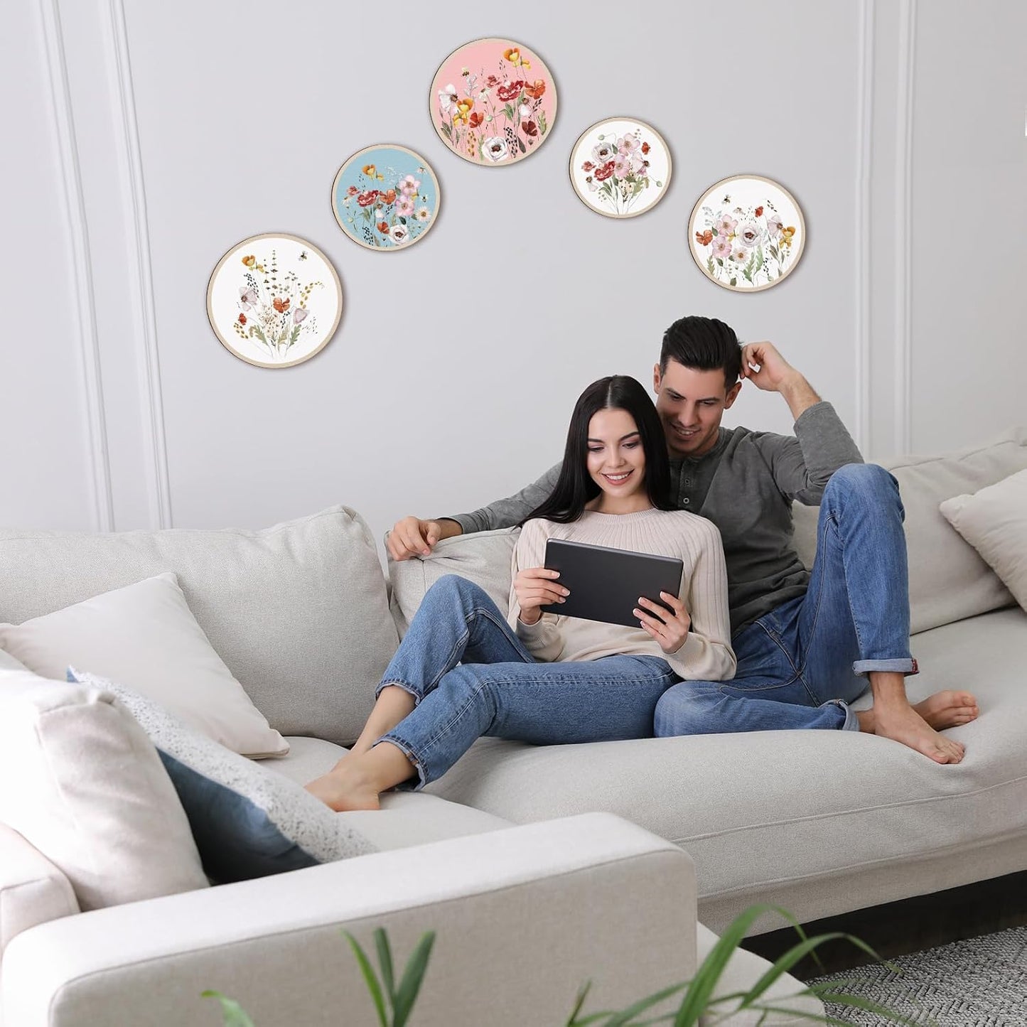 Qunclay 5 Pcs Wall Art Decor Wooden Living Room Wall Decor Bohemian Hanging Farmhouse Geometric 10'' and 8'' Aesthetic Wood Minimalist Posters for Bedroom(Wild Flower)