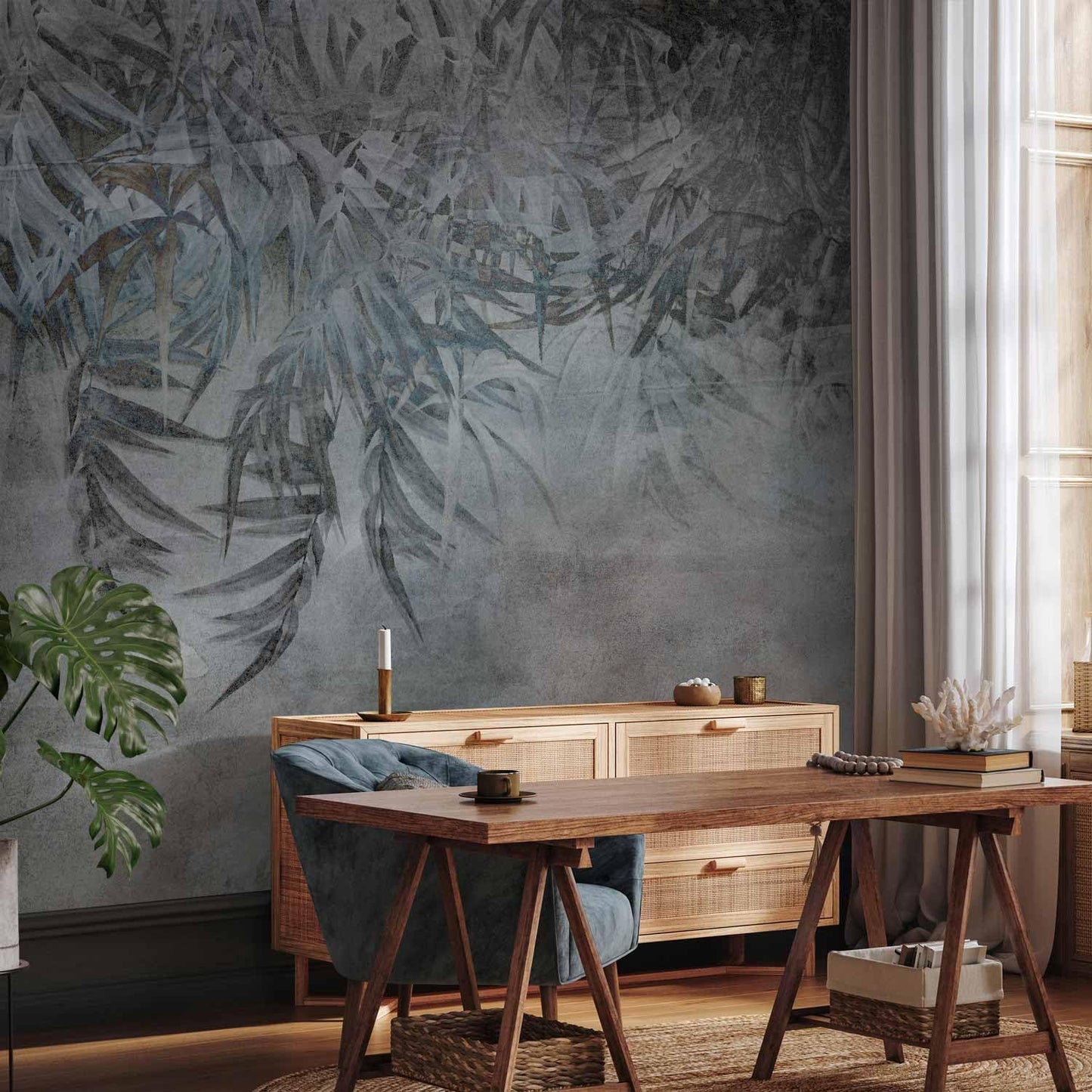 artgeist Wall Mural Leaves 157x110 in - XXL Non-Woven Wallpaper Fleece Wall Decor Photo Print Picture Image Design Palm Leaves Concrete Nature Grey b-C-10103-a-a