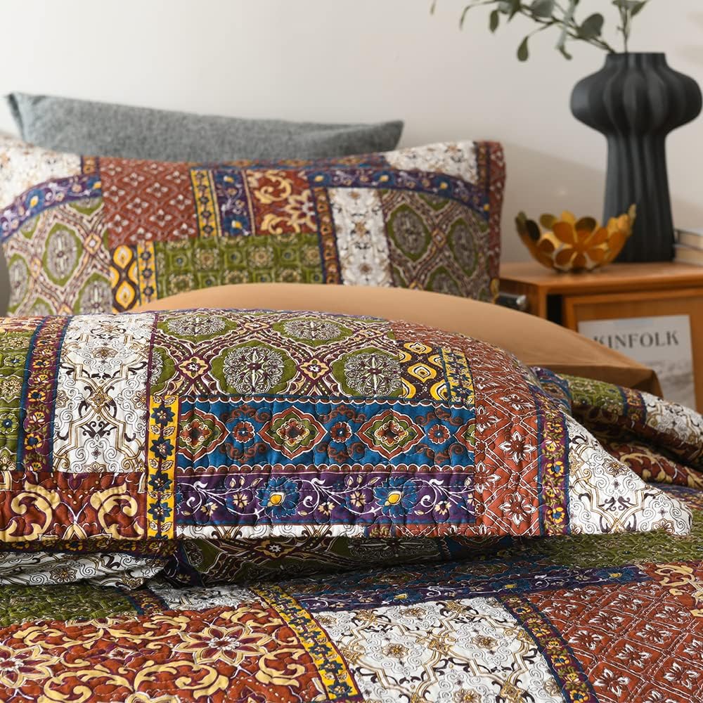 Cotton Bedspread Quilt Sets Reversible Coverlet Sets Comforters Vintage Bohemian Patchwork Bedspread (Brown, Queen Size)
