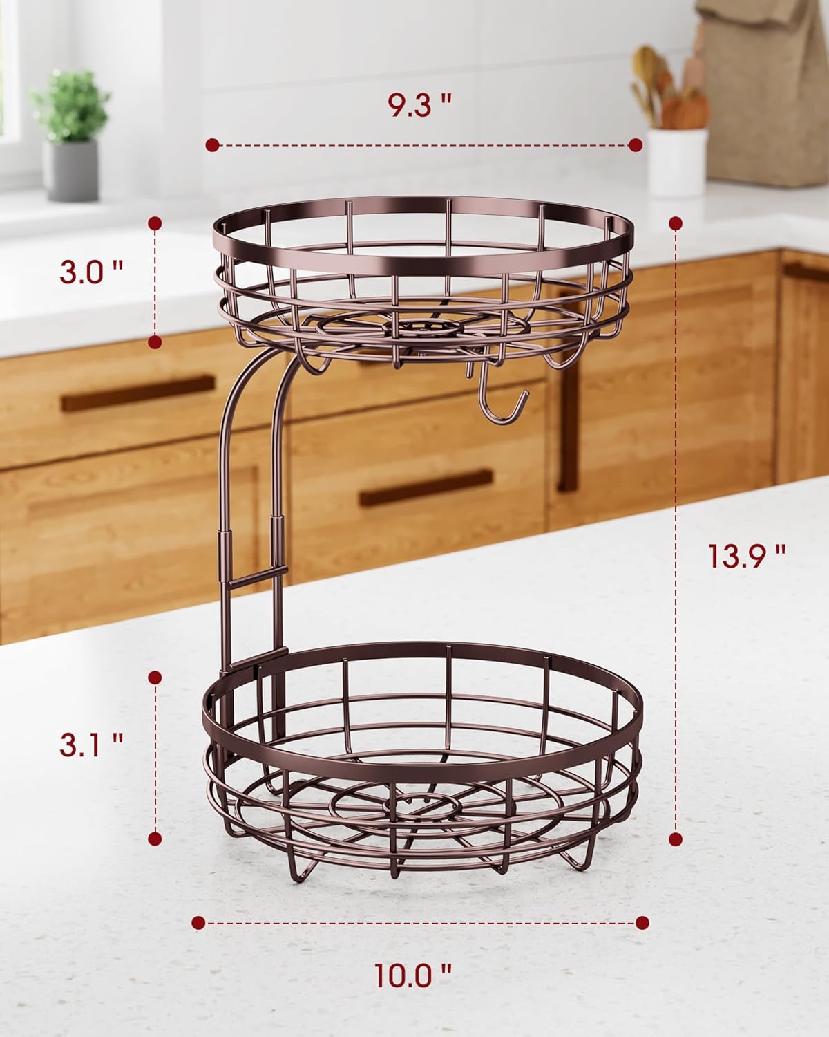 Fruit Basket for Kitchen Counter - 2-Tier Large Capacity Fruit Bowl with Detachable Banana Hanger, Rust-Proof Metal Fruit Holder for Vegetables, Bread, Toiletry,10" D x 10" W x 14" H, Brown.