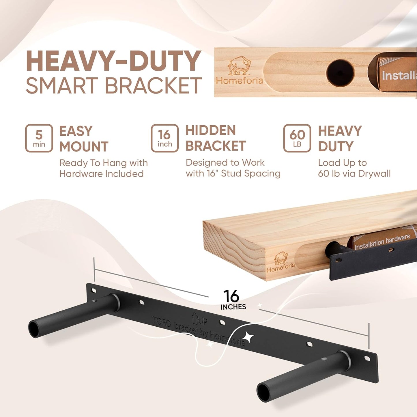 Homeforia 24 inch Wood Floating Shelves, High End Solid Natural Wood 24inch Floating Shelf for Wall, Unfinished Wooden 24 inches Floating Shelves, Heavy Duty Bracket, 24 X 6.5 X 1.75 in, Set of 2