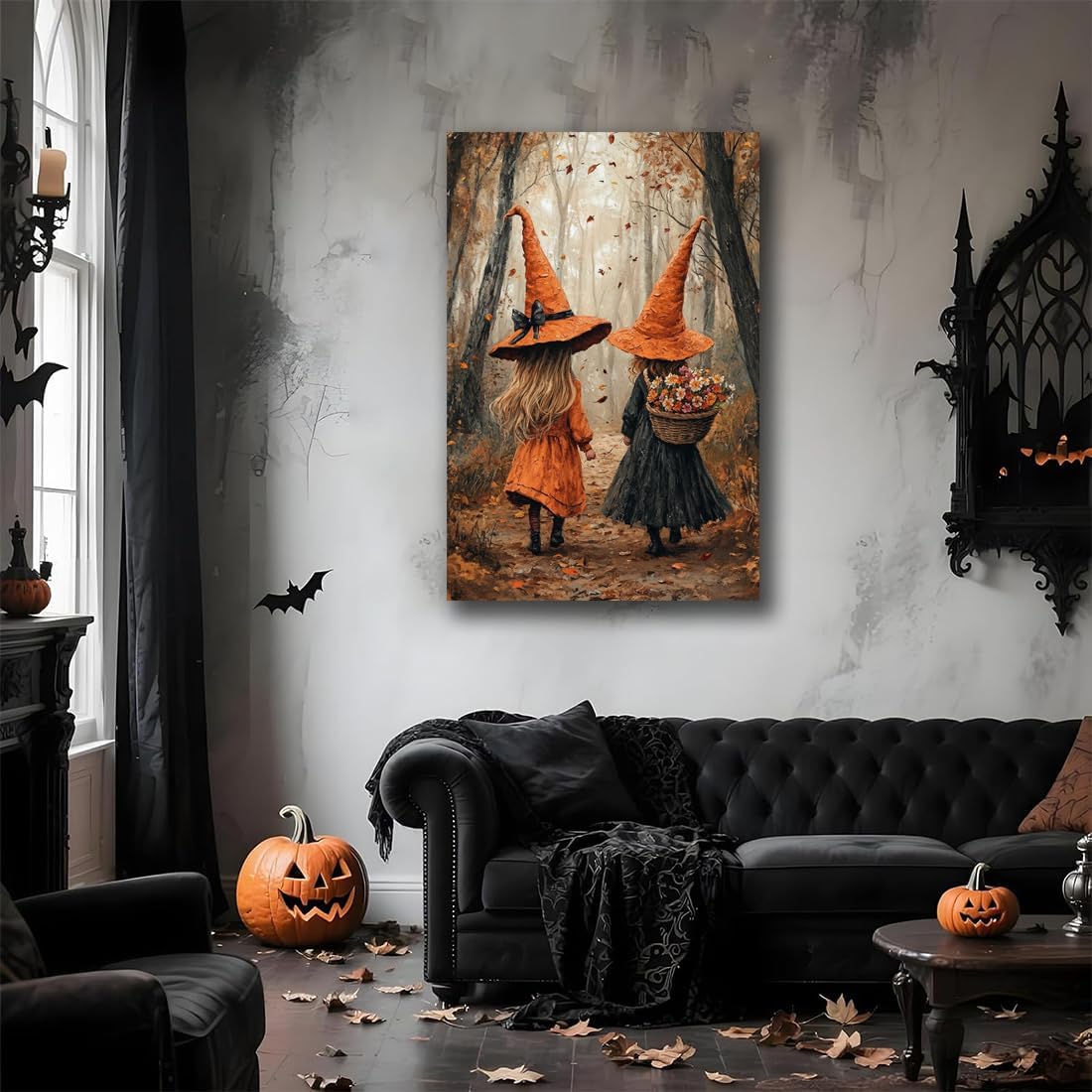 Fall Wall Art Witch Picture Decor,Little Girl Witch Halloween Wall Art, Vintage Autumn Whimsical Woodland Forest Picture, Family Room Nursery Playroom Children Room Decoration,8"x12" Framed