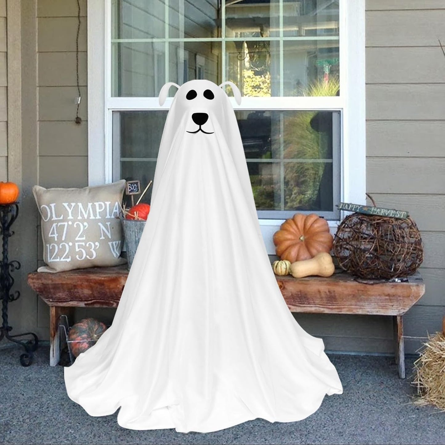 DAZONGE Halloween Decorations, Light-Up Freestanding Spooky Ghost Dog with Remote String Lights Battery Operated, Halloween Ghost Dog for Front Door Porch Yard Lawn Home Party