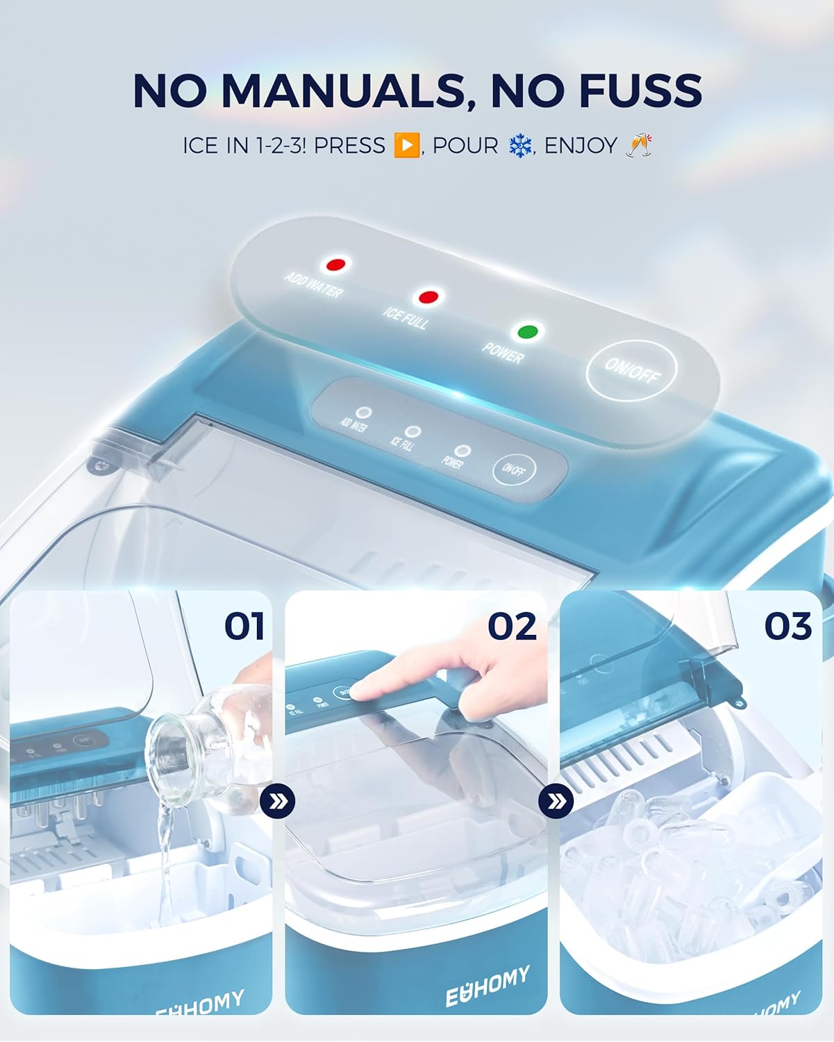 EUHOMY Countertop Ice Maker Machine with Handle, 26lbs Per Day, 9 Ice Cubes Ready in 6 Mins, Auto-Cleaning Portable Ice Maker with Basket and Scoop, for Home/Kitchen/Camping/RV (Blue)