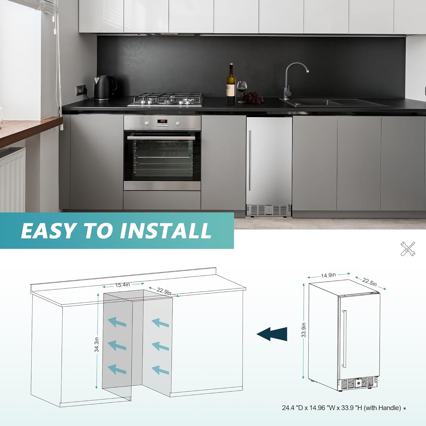 EUHOMY Beverage Refrigerator 15 Inch, Under Counter 127 Can Beverage Fridge with Stainless Steel Door, Beverage Cooler Built-in and Undercounter Drink Fridge - Soda Cola