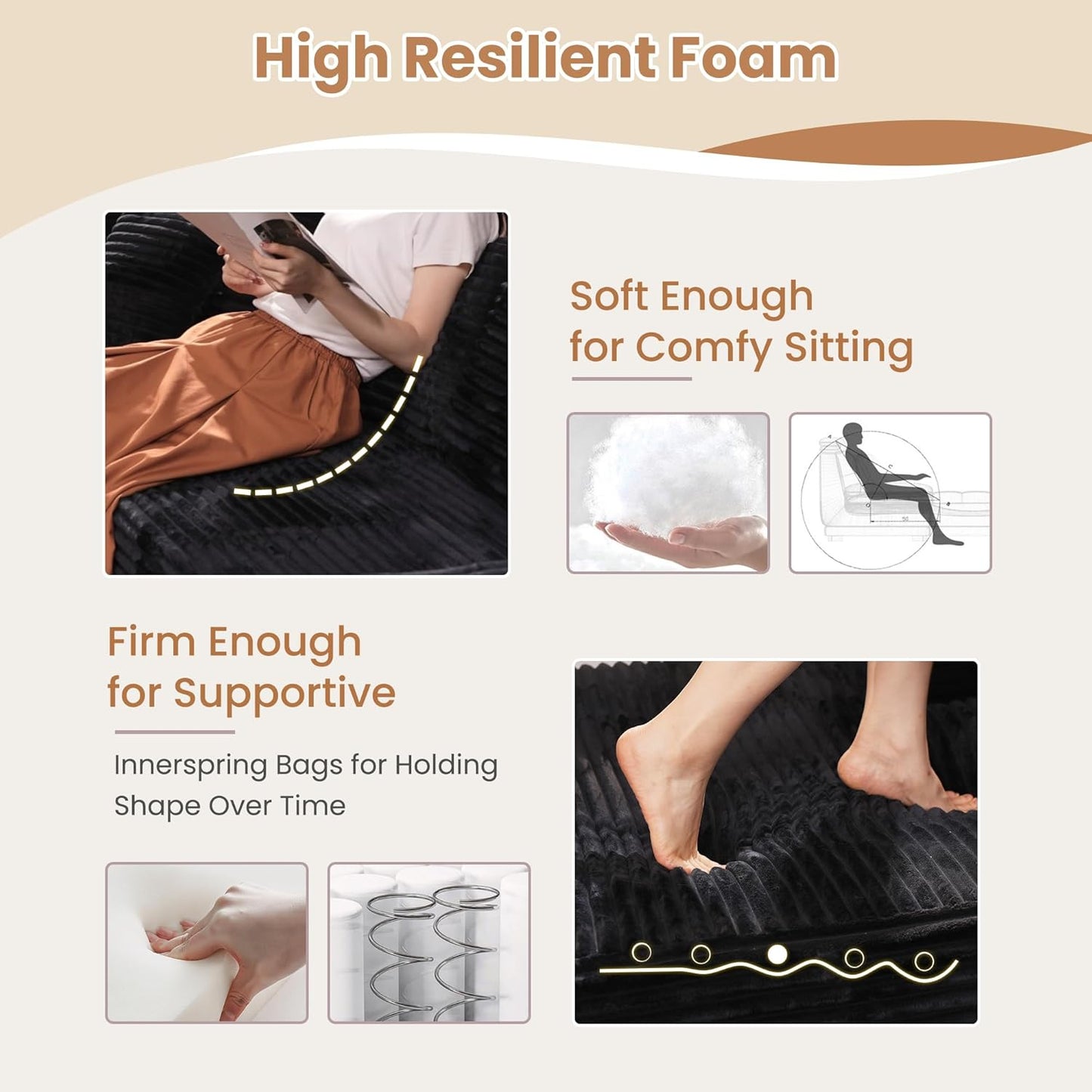 HOOOWOOO Cloud Sectional Couches for Living Room,Modular Sectional Sofa No Assembly,Plush Corduroy Large Floor Couch Furniture Set with Deep Seat Right Chaise L Shape(Black)