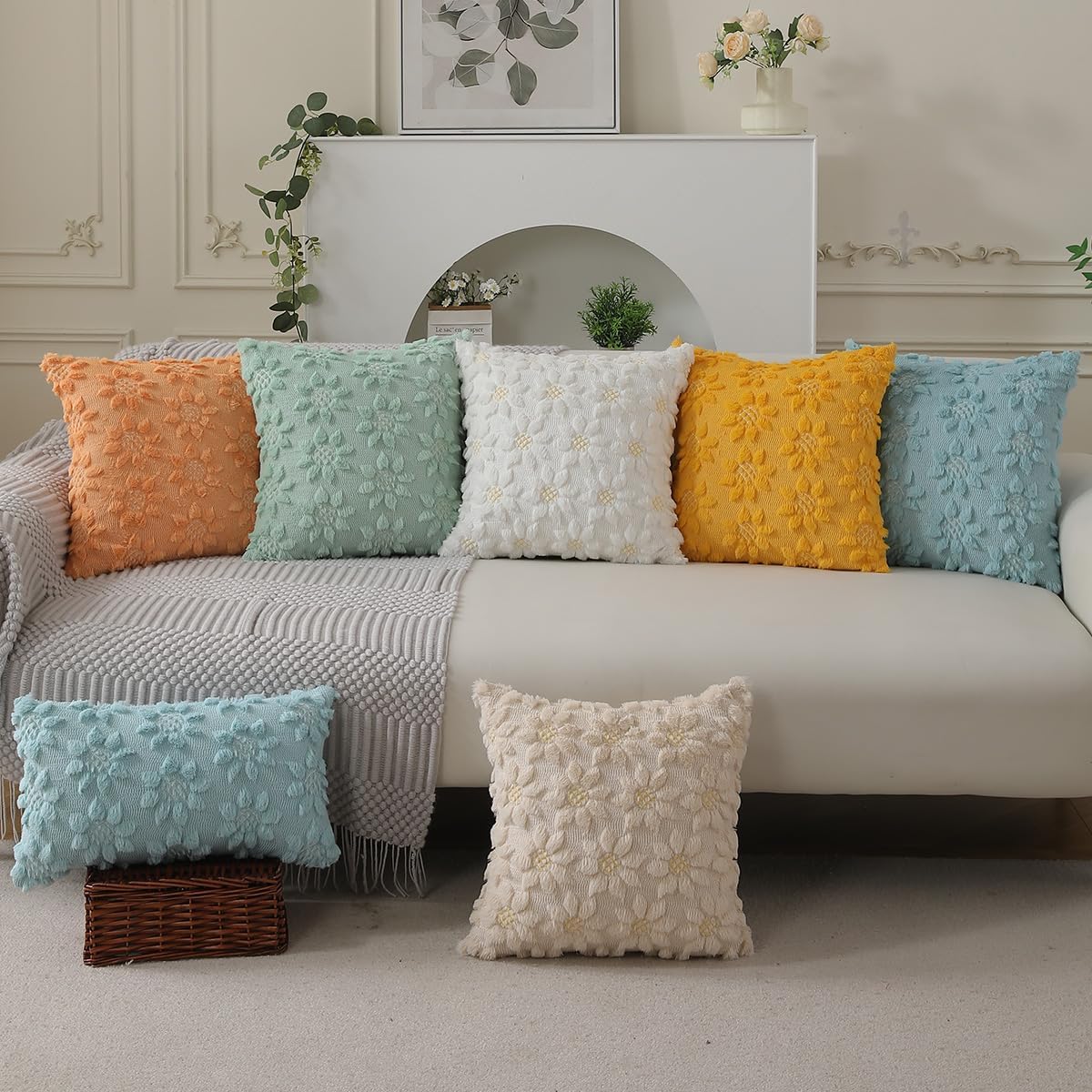 DFXSZ Spring Summer Pillow Covers 12x20 inch Set of 2 Farmhouse Decor Yellow Flower Heart Sunflower Beige Soft Plush Faux Fur Jacquard Throw Pillows for Sofa Holiday Spring Home Decor PTK024E12