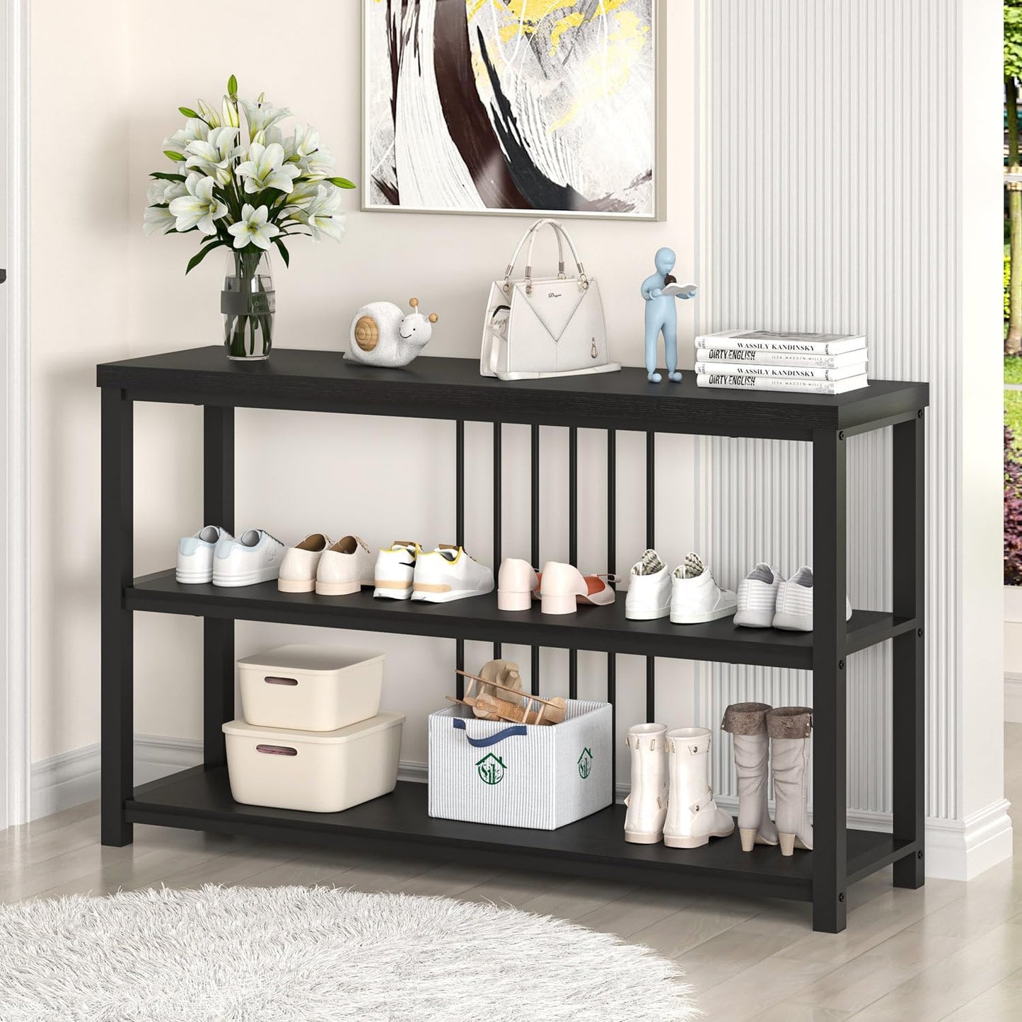 FOLUBAN Entryway Table, Modern Sofa Console Table with 3 Tier Storage Shelf for Living Room Hallway Foyer, Industrial Black Oak