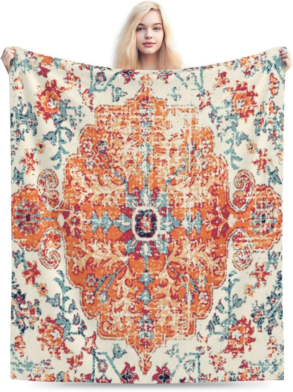 HGOD DESIGNS Carpet Pattern Throw Blanket Boho Style Ethnic Design Orange Blue Soft Blankets and Throws 50x60 Inch Caring for Women Men (130x150cm)