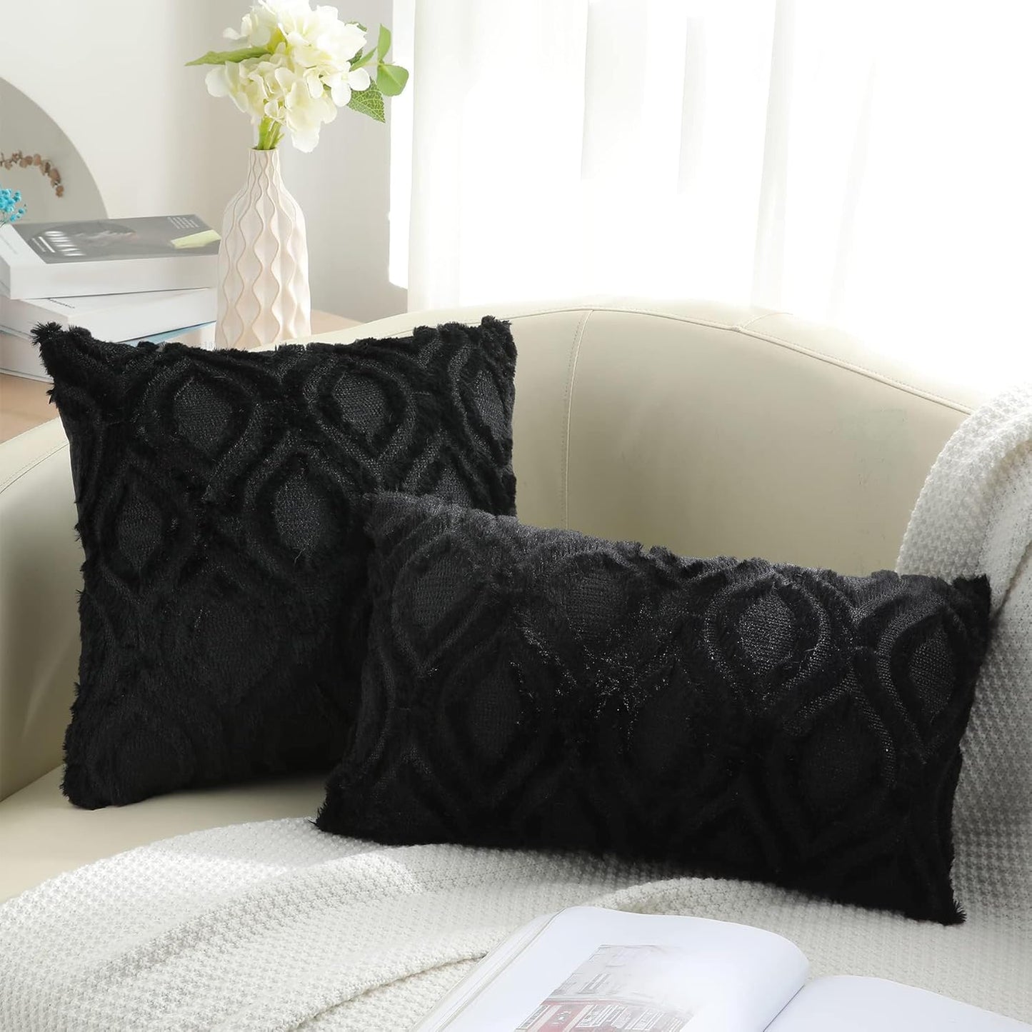 decorUhome Fall Throw Pillow Covers 18x18 Inch Set of 2, Soft Plush Decorative Faux Fur Black Solid Couch Pillow Covers, Accent Farmhouse Neutral Square Euro Pillow Cases for Sofa Bed Living Room