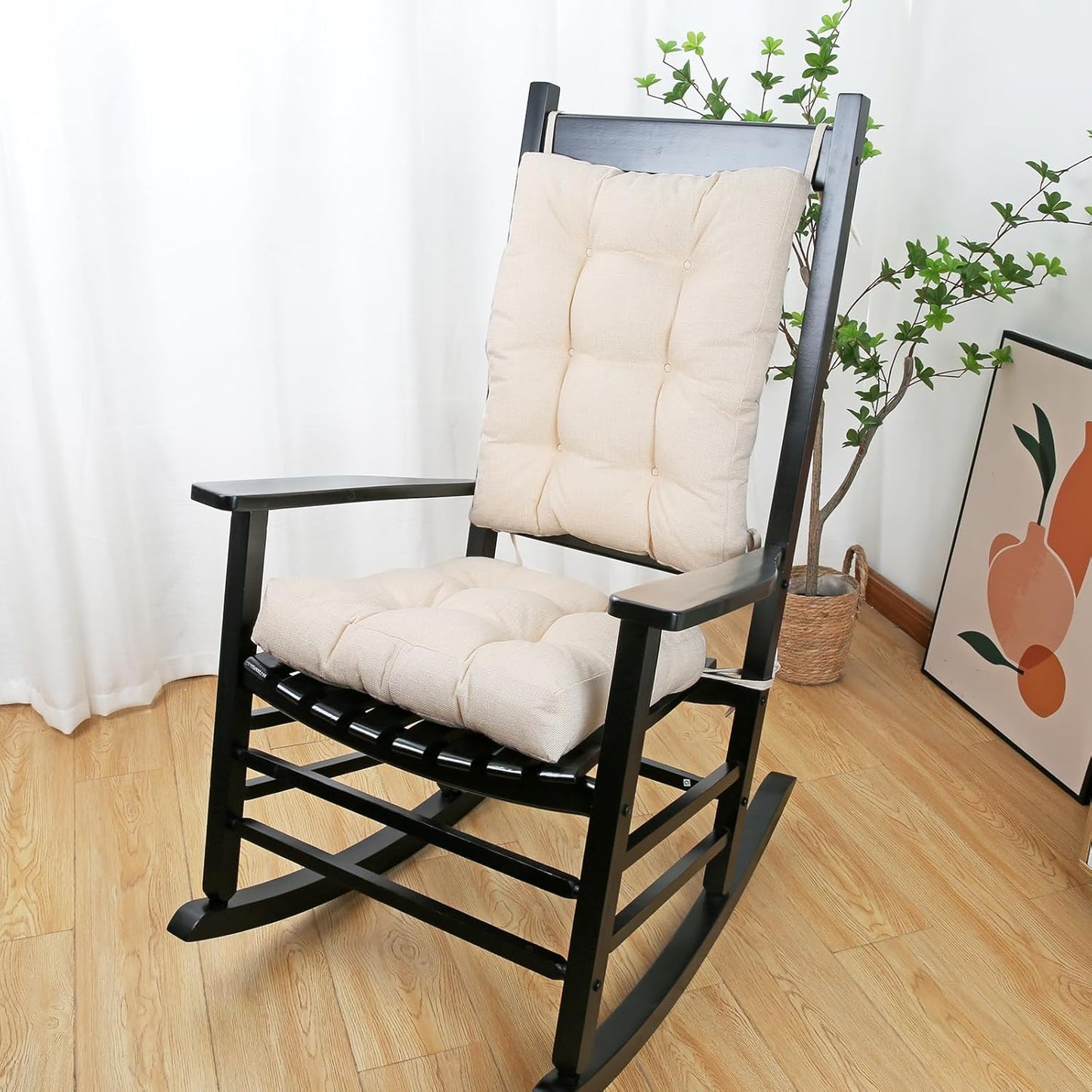 BUYUE Chair Cushion Set for Rocking Chair, Back Pillow & Seat Cushion with Ties, Original Woven Fabric Non-Slip Chair Pads for Elderly Sitting, Beige