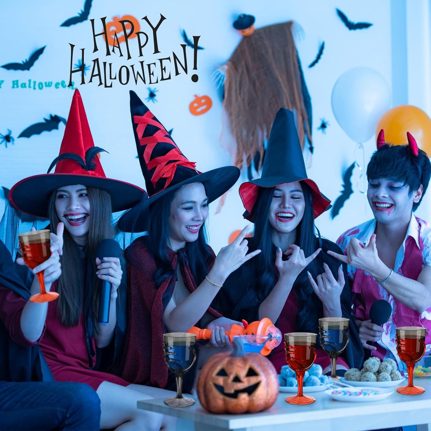 Dandat 24 Pcs Halloween Skeleton Hand Goblets 12oz Clear Plastic Halloween Cups Skull Wine Glass Set for Creepy Spooky Party Decorations (Black,Orange)