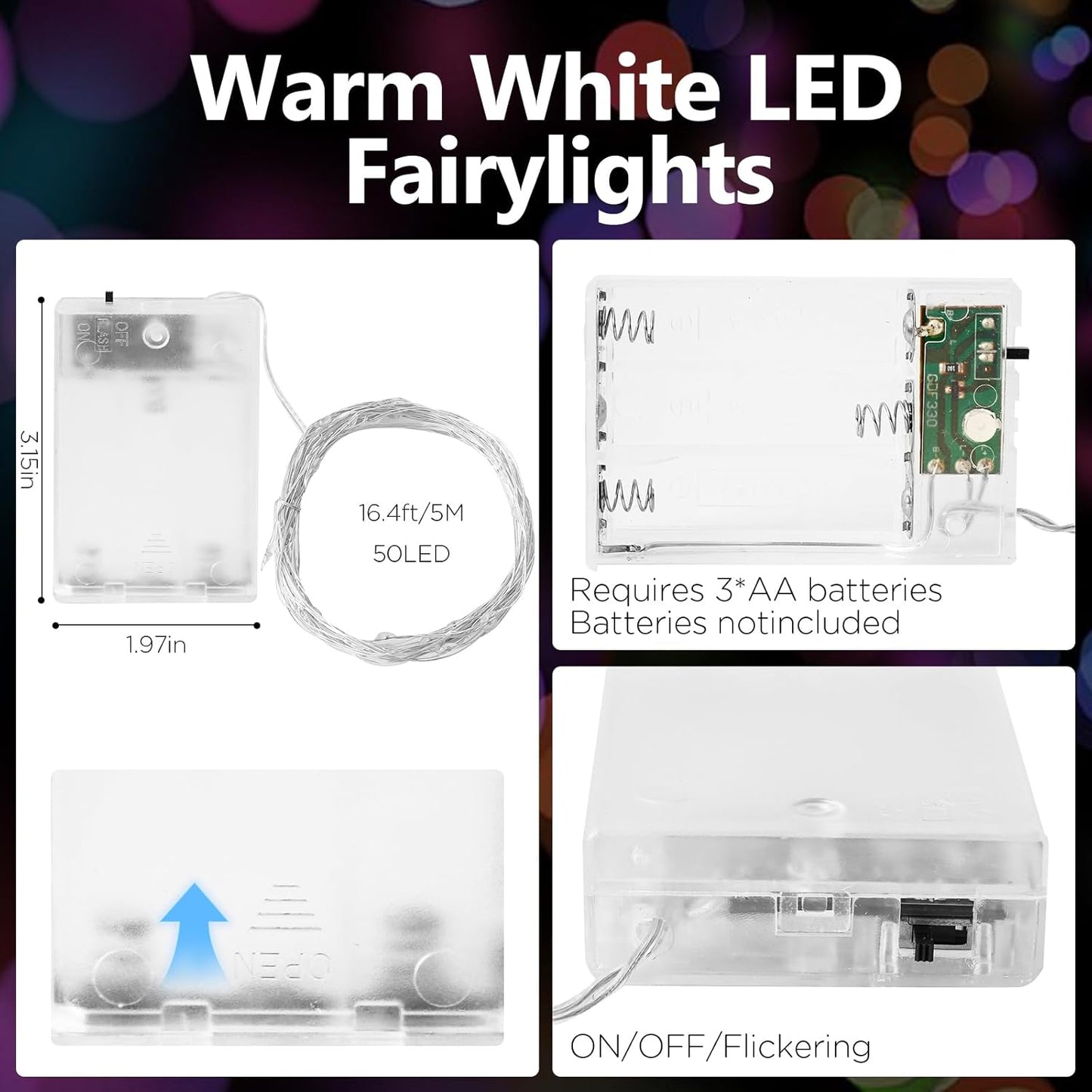 Fairy Lights Battery Operated String Lights 16.4ft 50LED Flashing and Constant Light Waterproof Silver Wire for Christmas DIY Party Bedroom Wedding (Multicolor, 4 Pack)