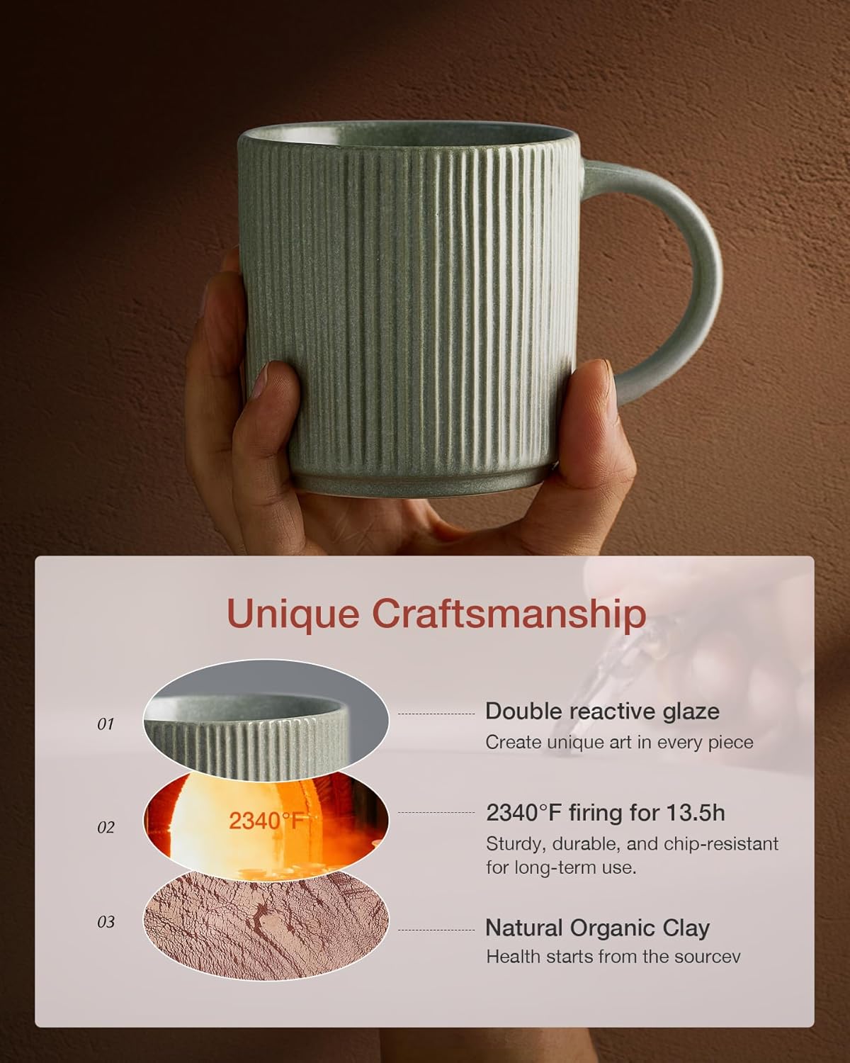 famiware Coffee Mug Set for 6, Star 12 oz Catering Mugs Cup Set with Handle for Coffee, Tea, Cocoa, Milk - Ceramic Stoneware Drinkware Set, Matte Green