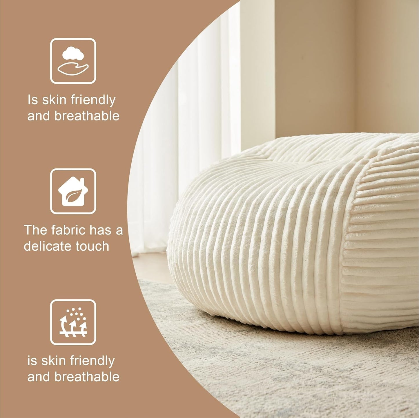 Premium Beige Bean Bag Chair for Adults with Armrest- Ultra Plush Memory Foam Lounge Sofa & Comfy Reading Nook Chair for Bedroom, Living Room & Dorm (White, 4FT)