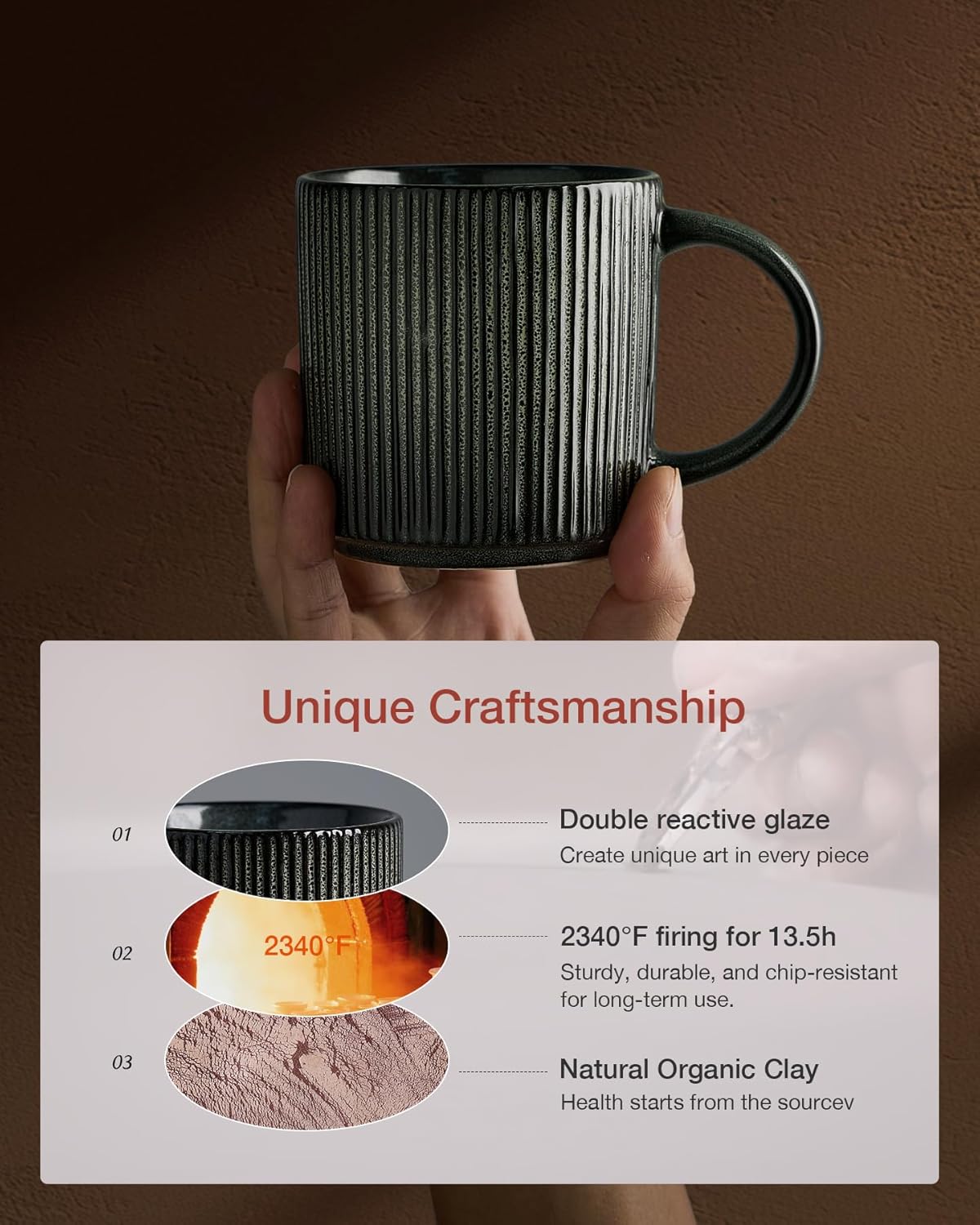 famiware Coffee Mug Set for 6, Star 12 oz Catering Mugs Cup Set with Handle for Coffee, Tea, Cocoa, Milk - Ceramic Stoneware Drinkware Set, Deep Forest