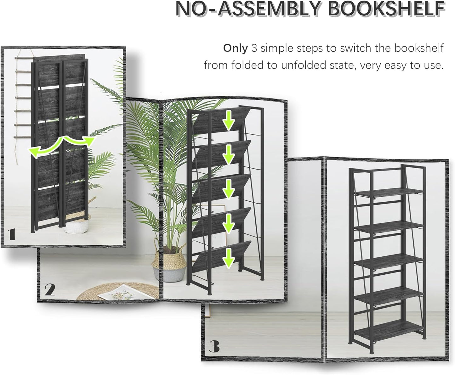 4NM No Assembly Foldable Bookshelf, 5-Shelf Collapsible Bookcase Storage for Small Spaces, 62.2" H, Gray and Black