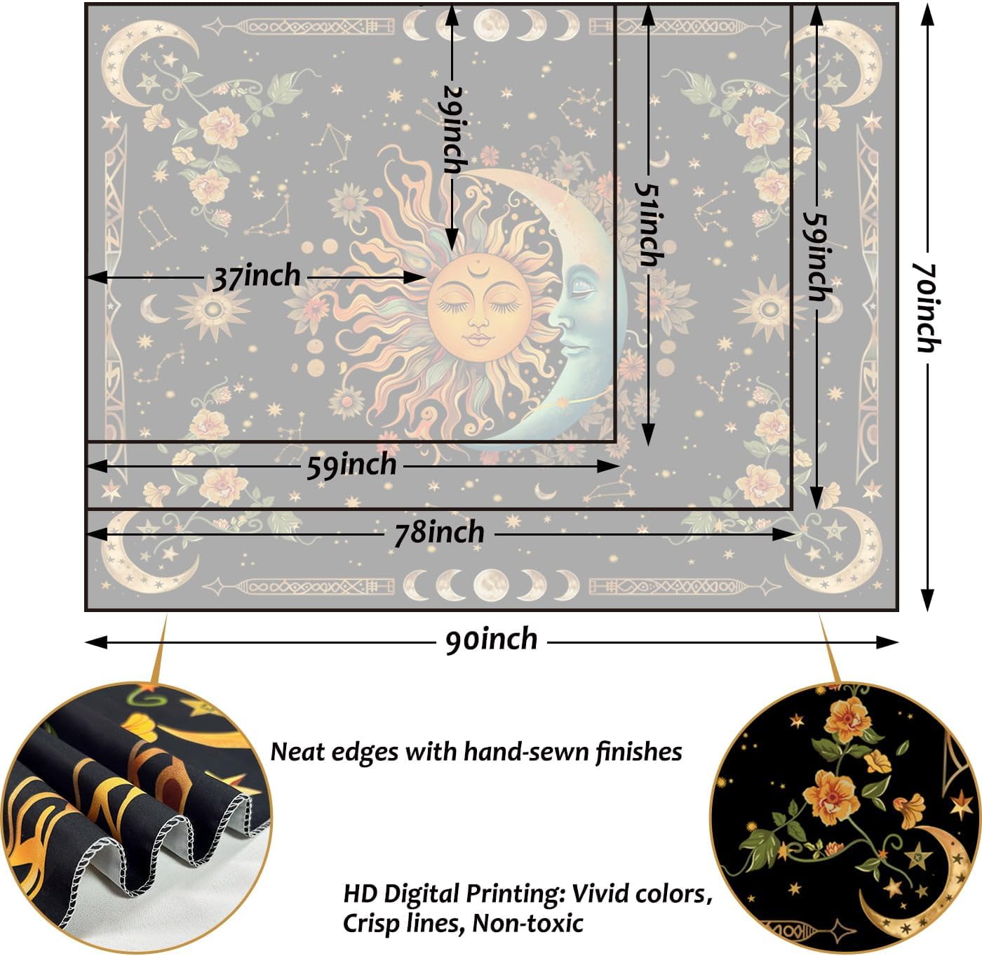 ARTCREATOR Sun and Moon Tapestry Astrology Space Wall Hanging Boho Hippie Floral Plant Tapestries Aesthetic Vintage Mandala Flower Decor for Living Room Bedroom (51" x 59")