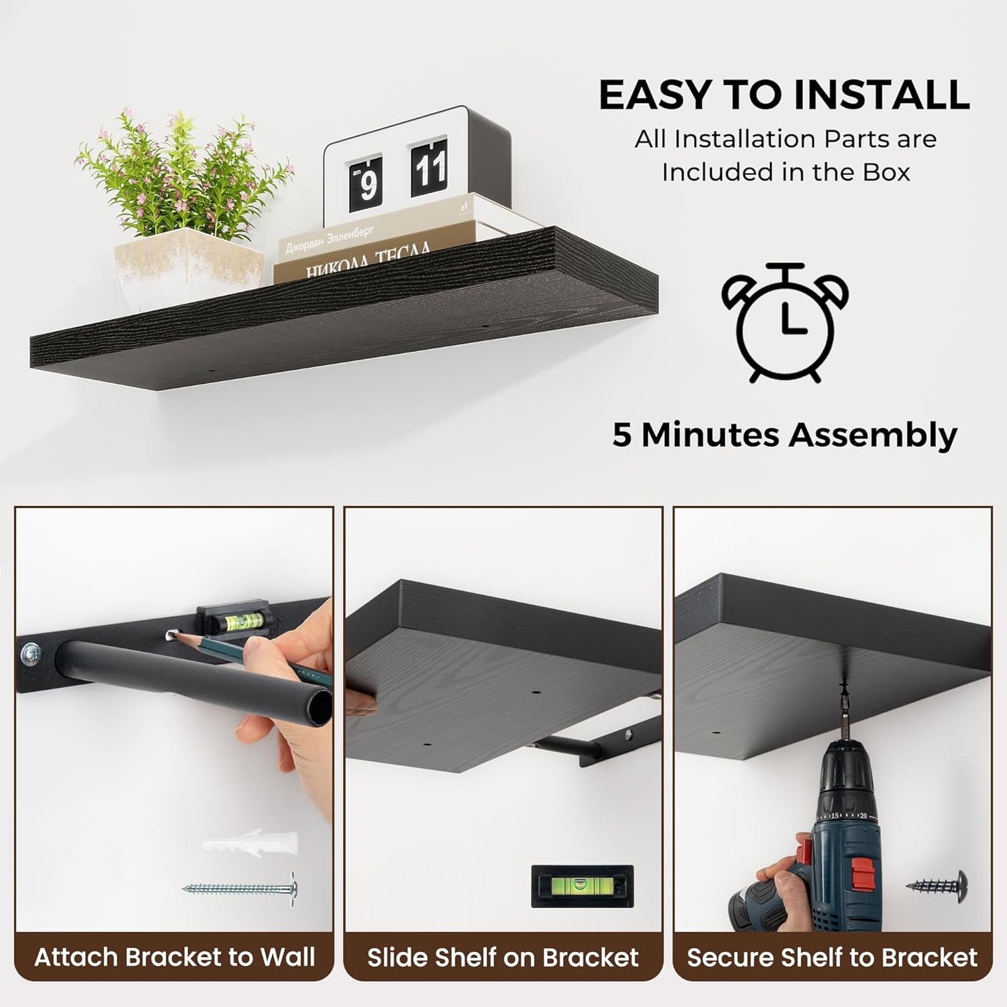 24 inch Floating Shelves Long Floating Shelves for Wall Large Wall Mounted Shelves with Invisible Brackets, Black Shelves for Bathroom, Living Room, Kitchen, Office, 24x6.7 inch deep Set of 2