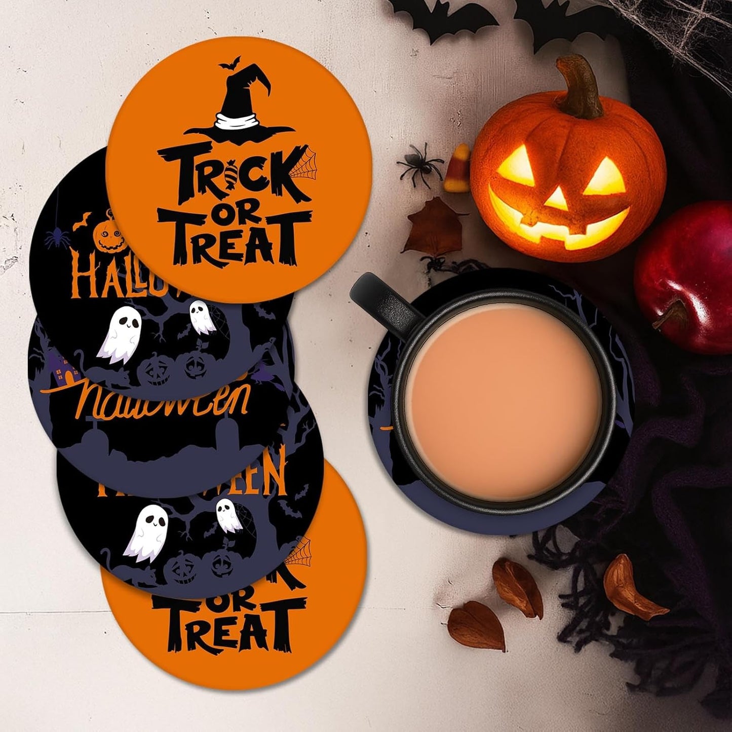 Coaster for Drinks Set of 6, Happy Halloween Orange and Black Trick or Treat Absorbent Round Ceramic Stone Mat, with Cork Base and Metal Holder, Gift for Housewarming Room Bar Decor