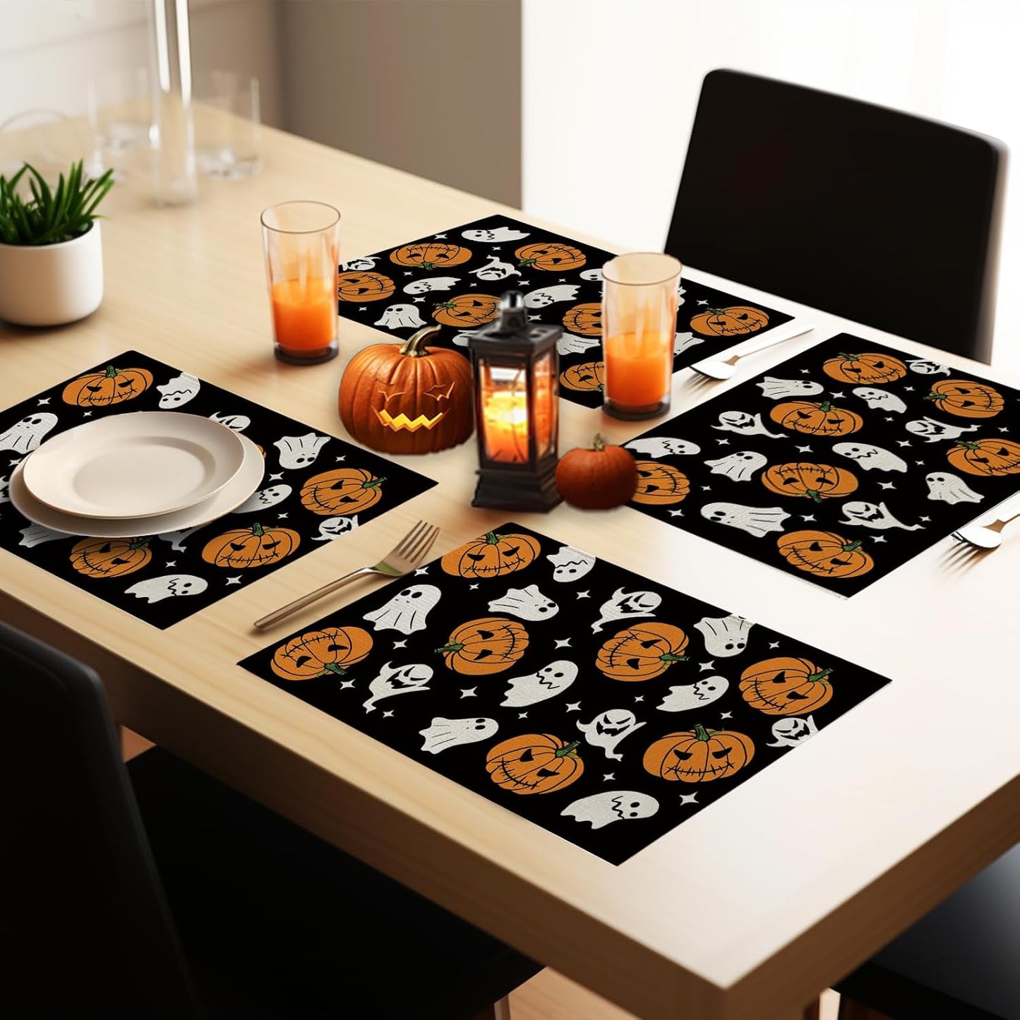 Halloween Placemats Pumpkins Ghost Set of 4 Table Mats Seasonal Home Party Kitchen Dining Table Decorations 12x18 Inch