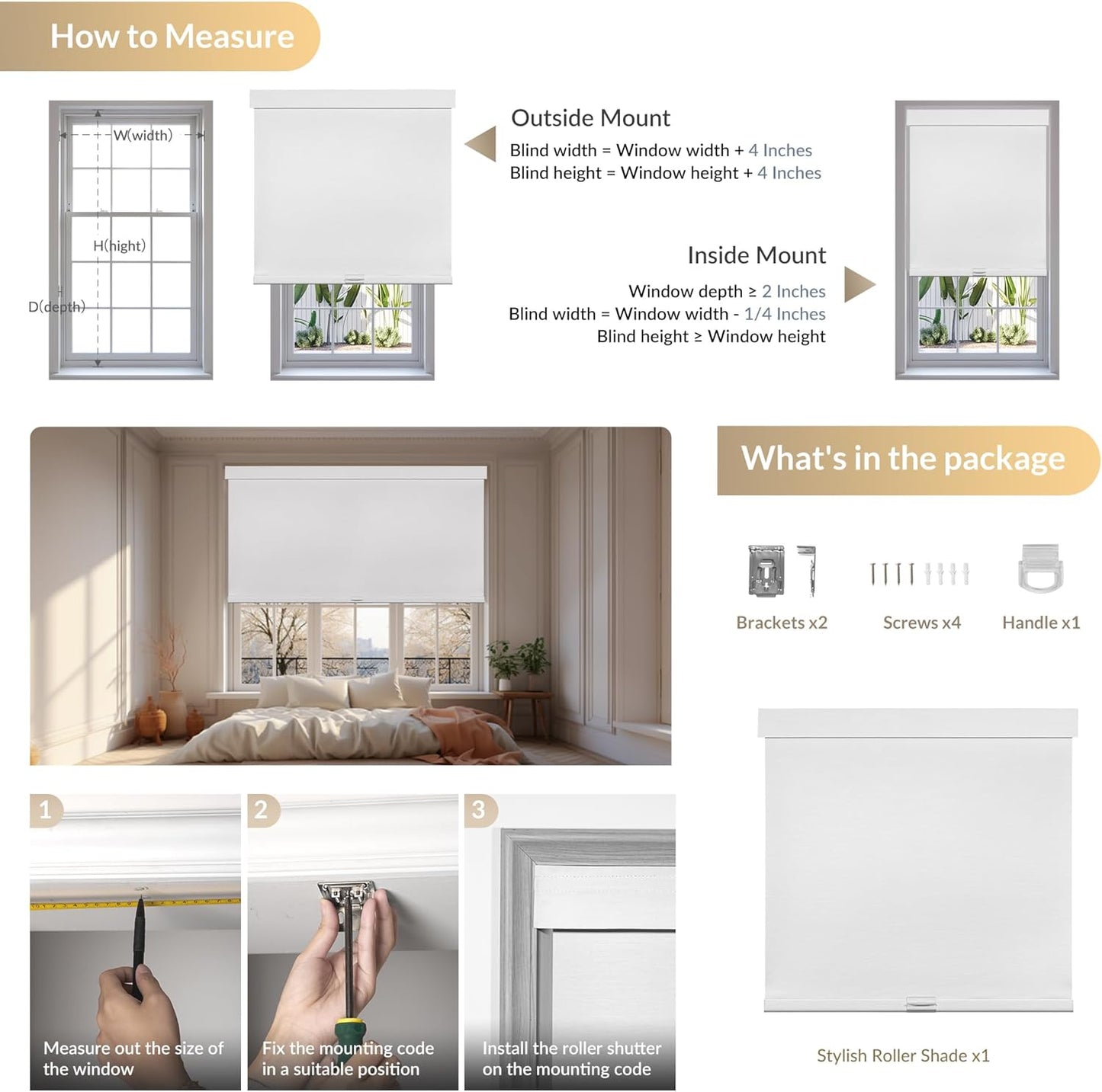 Boolegon Blackout Roller Shades for Windows, Cordless Jacquard Fabric-Matched Roller Blinds, Easy to Install Privacy UV Protection Blinds for Home, Office, Blackout Beige, Custom Size