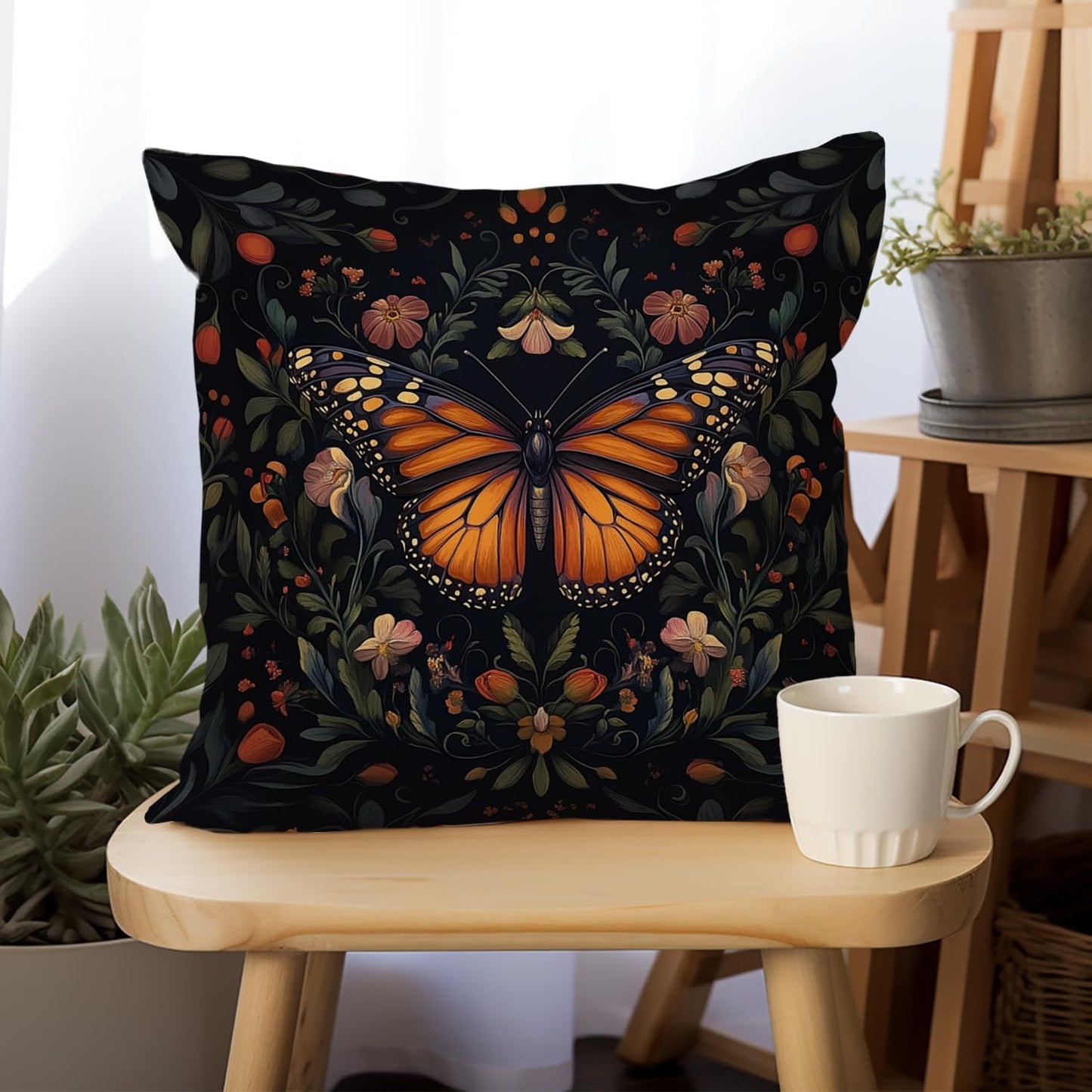 William Morris Abstract Vintage Floral Velvet Butterfly Design Throw Pillow Covers Home Decor, Retro Art Deco Pillowcase Cushion Cover for Bed Sofa Living Room, Square 18x18inch (Black-Butterfly)