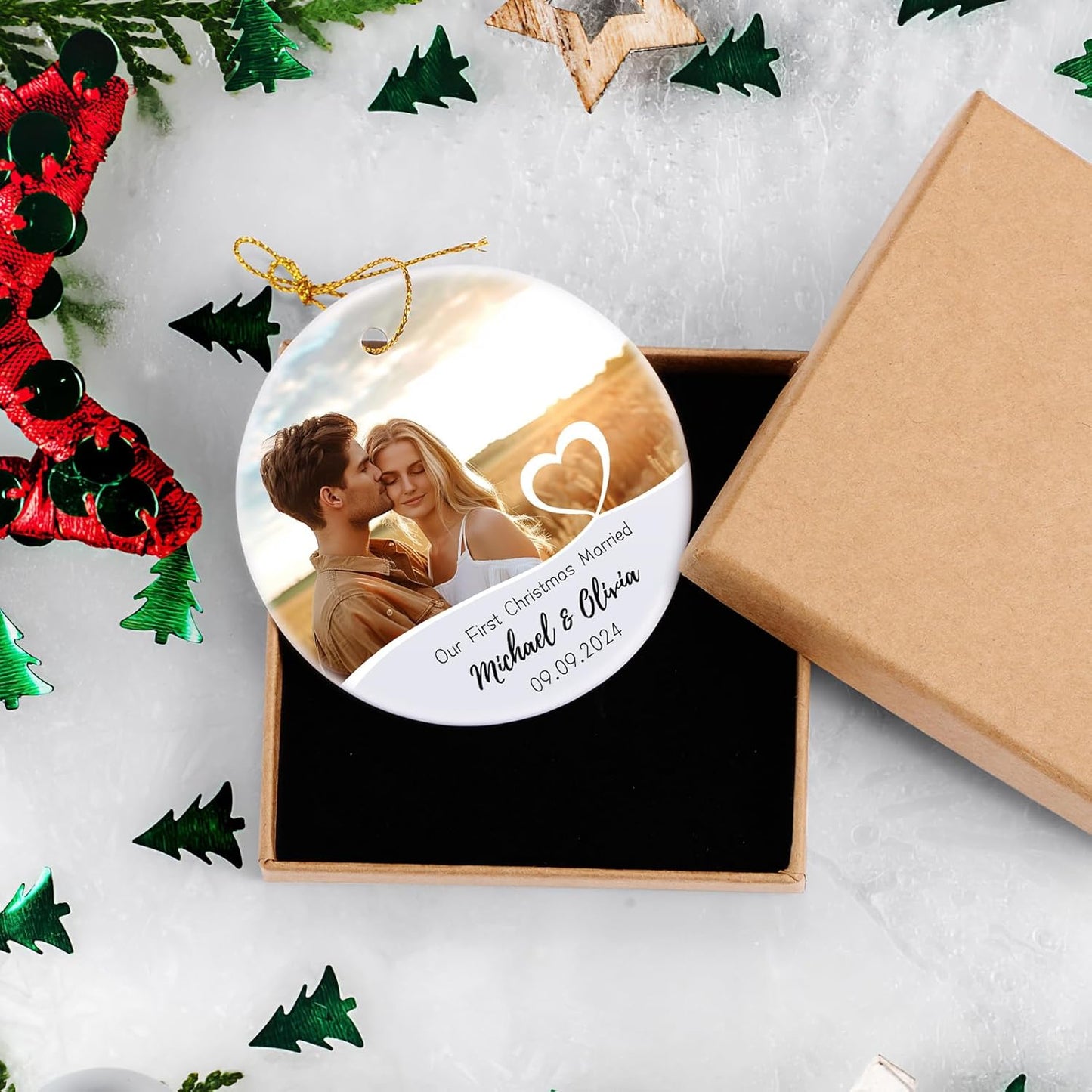 Our First Christmas Married Ornament, Personalized Photo Christmas Ornament 2025 for Newlyweds, Couple Just Married Ornament, Customized Wedding Gifts for Couples Him Her