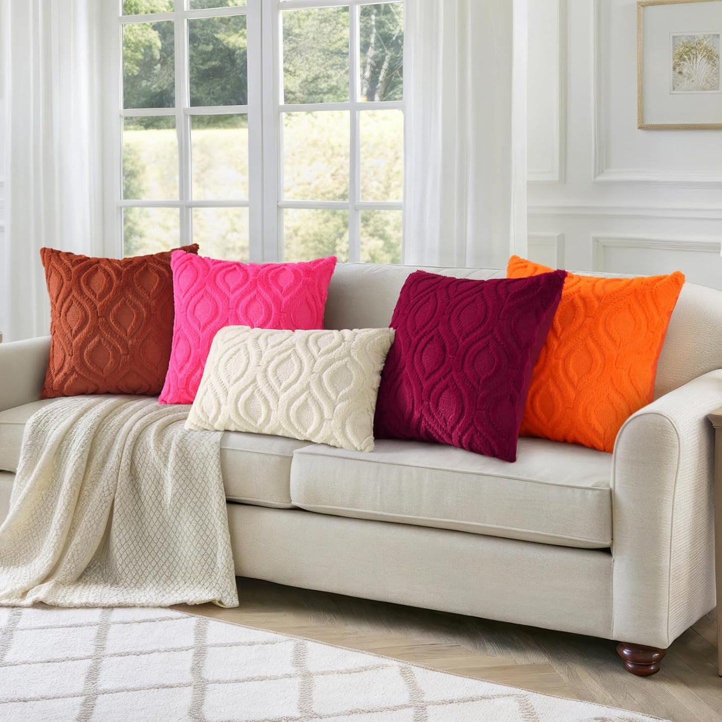 decorUhome Fall Throw Pillow Covers 20x20 Inch Set of 2, Soft Plush Decorative Faux Fur Hot Pink Solid Couch Pillow Covers, Accent Farmhouse Neutral Square Euro Pillow Cases for Sofa Bed Living Room