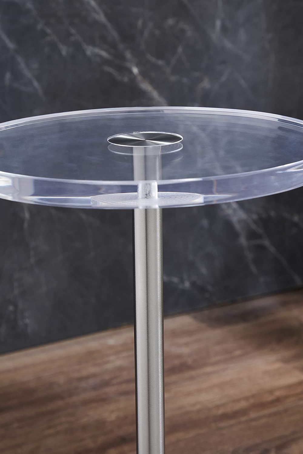 Clear Acrylic End Table,Side Table,Brushed Silver Metal,Round,for Office, Living Room and Bedroom,Easy Assembly,12x12 inch,21.3 inch high