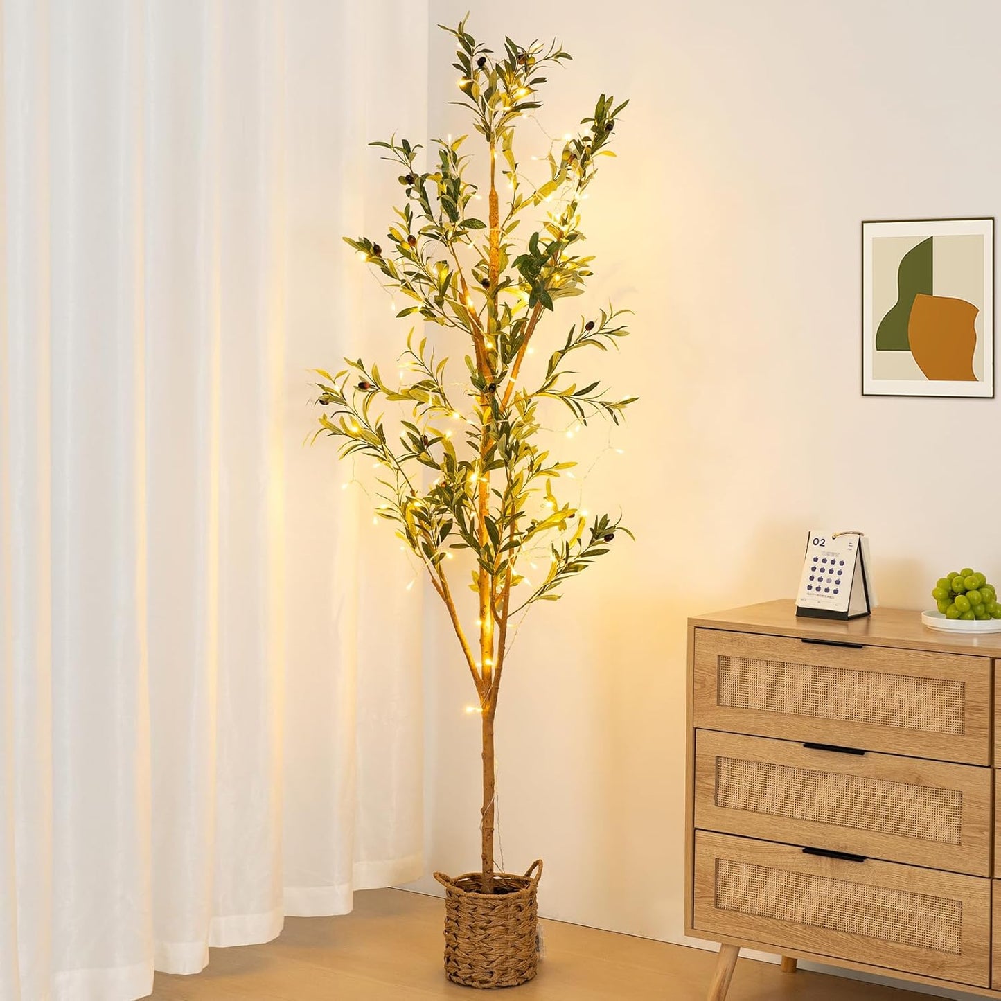 6ft Artificial Olive Tree with LED Fairy Lights, Tall Faux Potted Plant with Woven Basket - Natural Wooden Trunk & Lifelike Leaves & Fruits for Indoor Home Office Foyer Decor Housewarming Gift