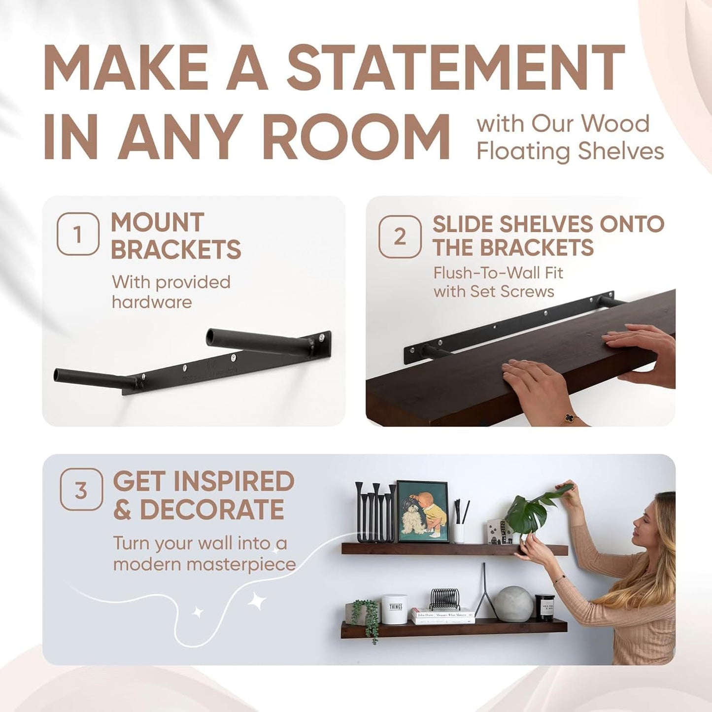Homeforia Walnut 36 inch Floating Shelf, High End Solid Real Wood 36inch Large Shelves for Bathroom Wall, Dark Brown 36 inches Long Floating Shelves, Heavy Duty Bracket, 36 X 6.5 X 1.75 inch, Set of 2