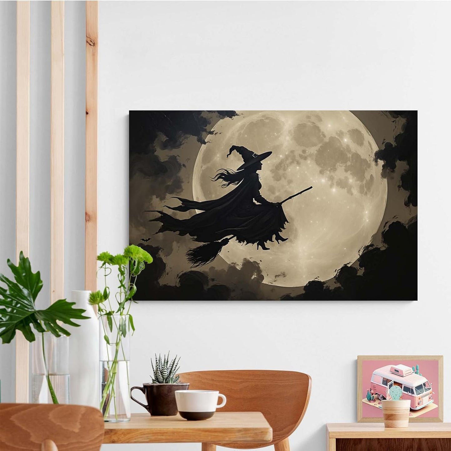 Full moon witch silhouette poster witch on magic broom Halloween mural poster decorative mural art suitable for home living room bedroom28x40in Wood Framed