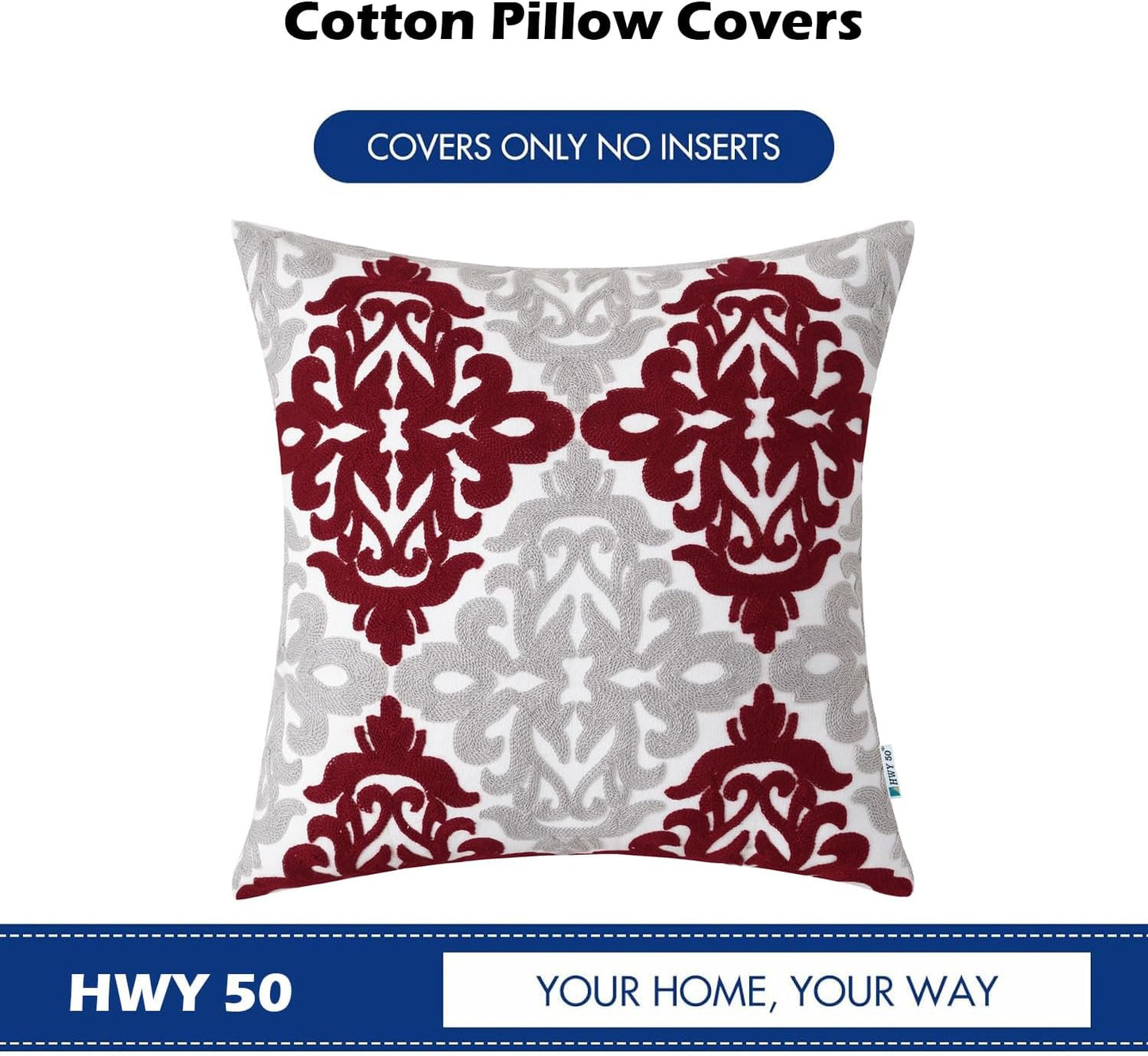 HWY 50 Burgundy Red Decorative Throw Pillow Covers 18x18 Inch (1 Piece), Embroidered Cotton Farmhouse Cushion Cover Pillow Case for Sofa Couch Living Room Bed Bedroon, Floral Geometric